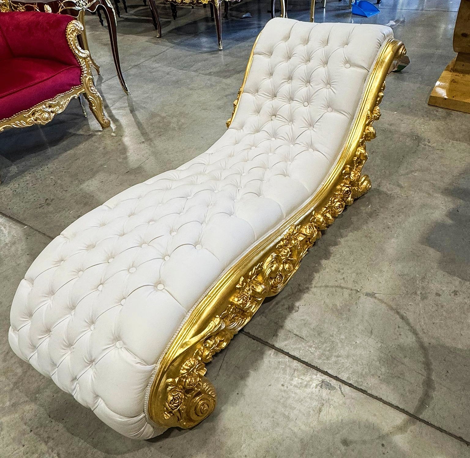 Chaise Lounge Leather White Furniture Rococo Style Gold Details