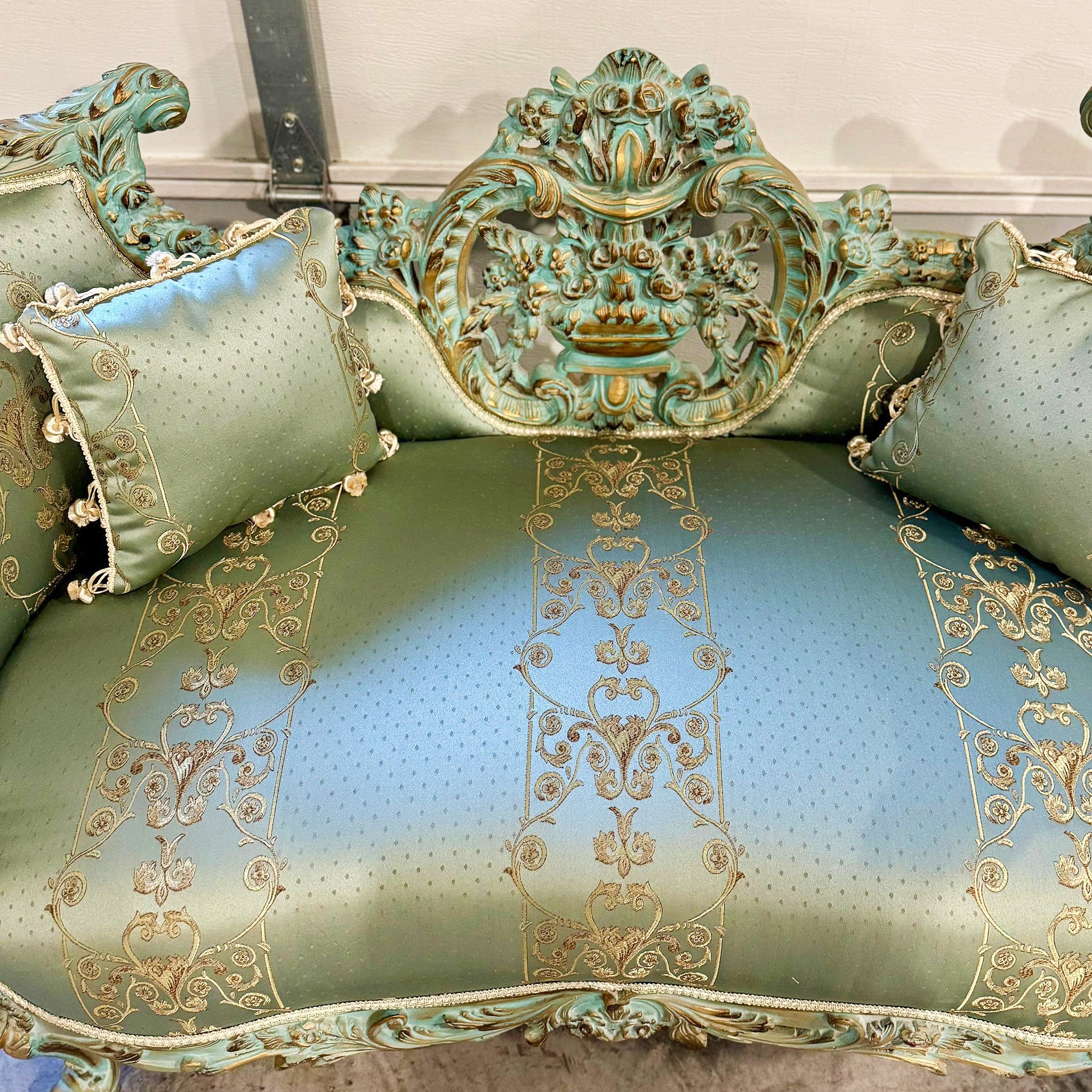 French Style Sky Blue Small Settee Gold Details Bench Furniture Home