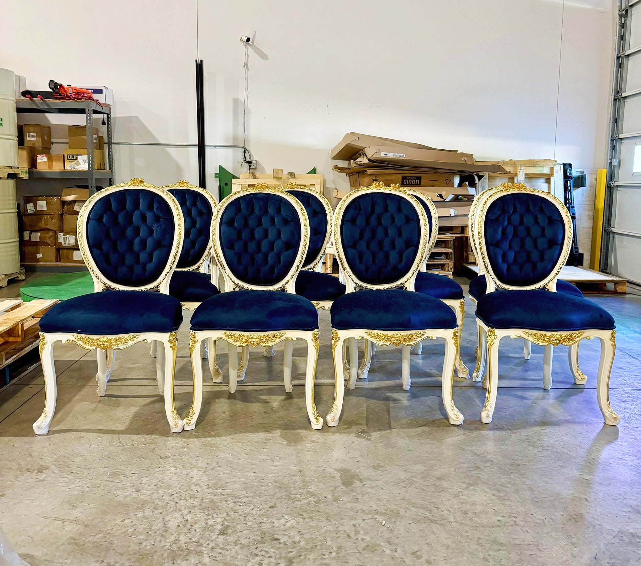 French Rococo Style Tufted Blue Velvet Chair – Gold Baroque Details