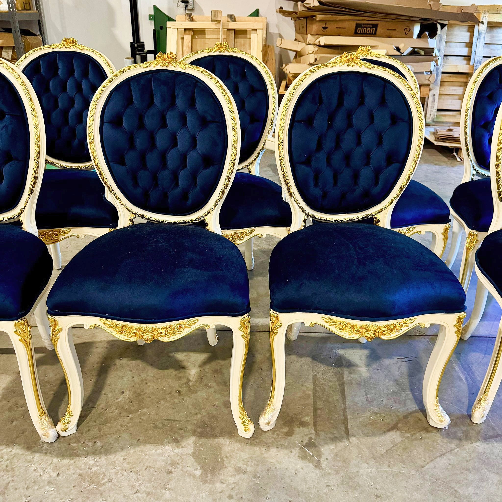 French Rococo Style Tufted Blue Velvet Chair – Gold Baroque Details