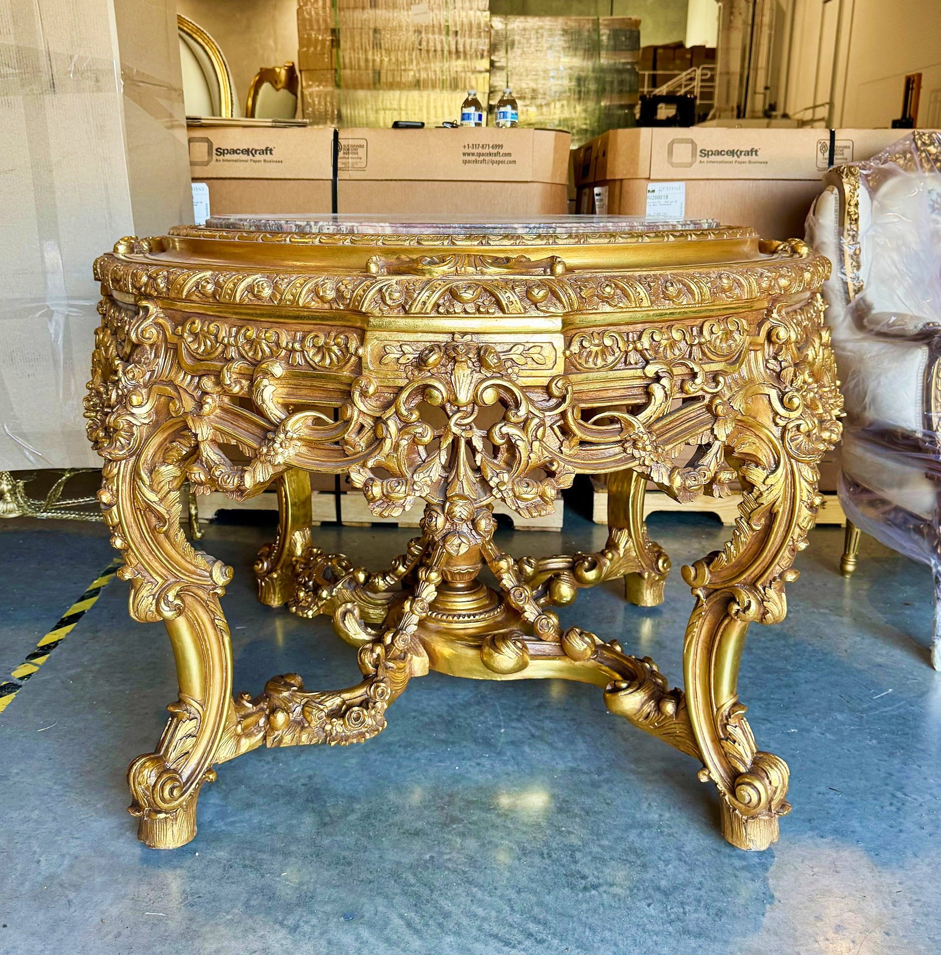Victorian Style French Marble Center Table with Gold Leaf Details