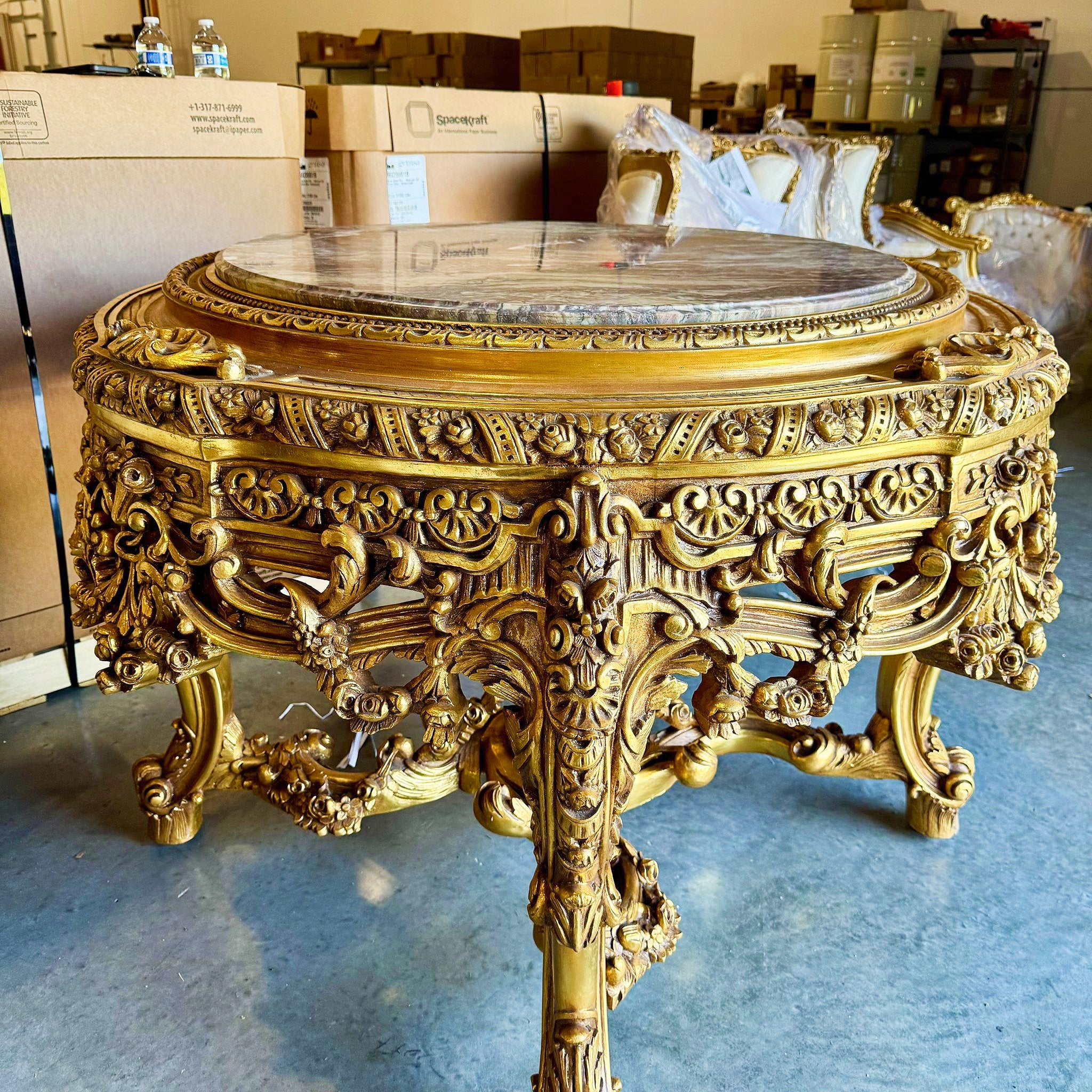 Victorian Style French Marble Center Table with Gold Leaf Details