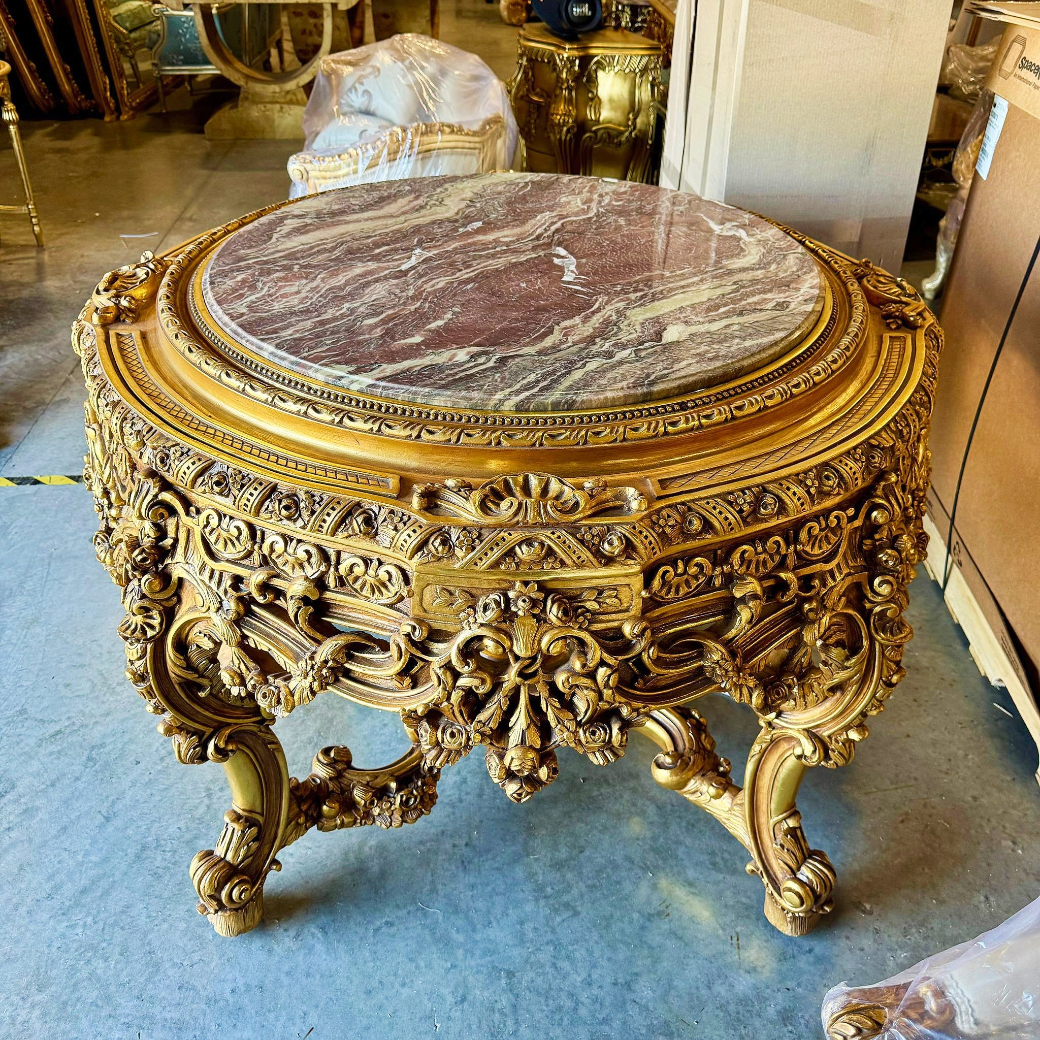 Victorian Style French Marble Center Table with Gold Leaf Details