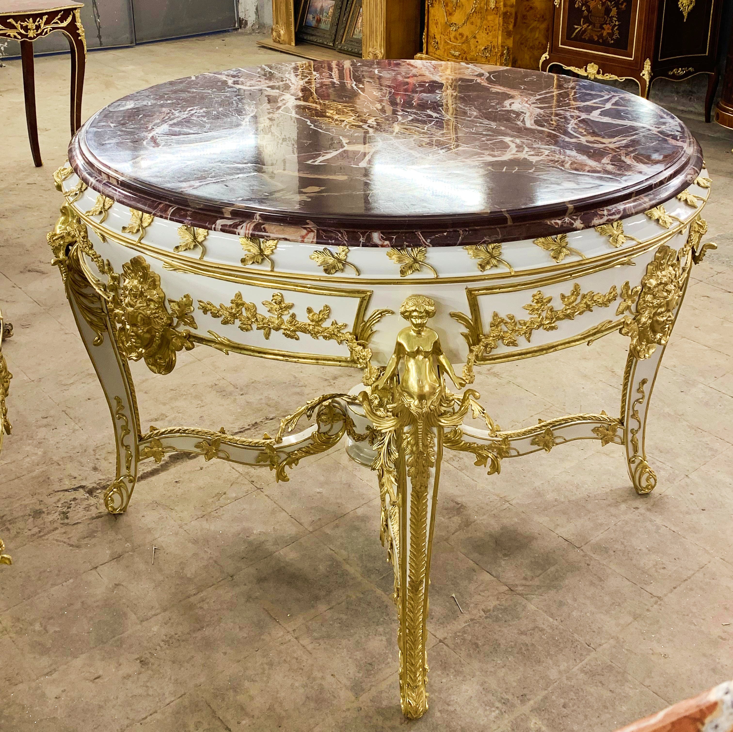 French Victorian Marble Top White Center Table – Ornate Gold Finish