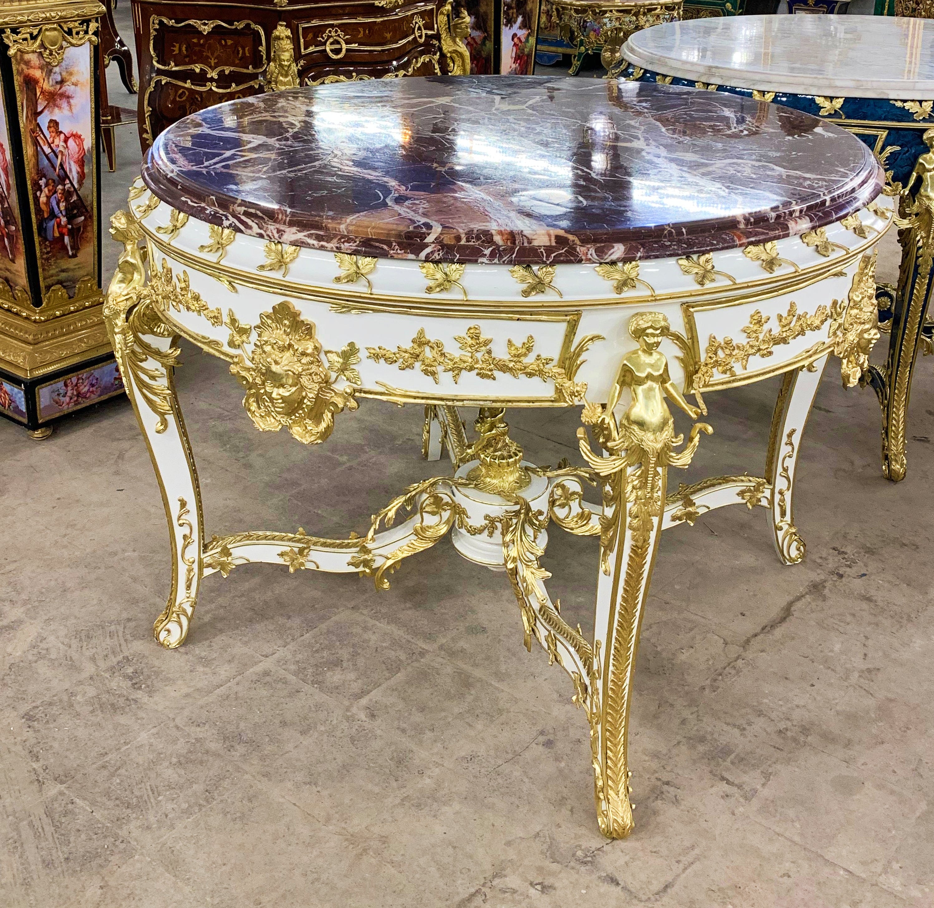French Victorian Marble Top White Center Table – Ornate Gold Finish