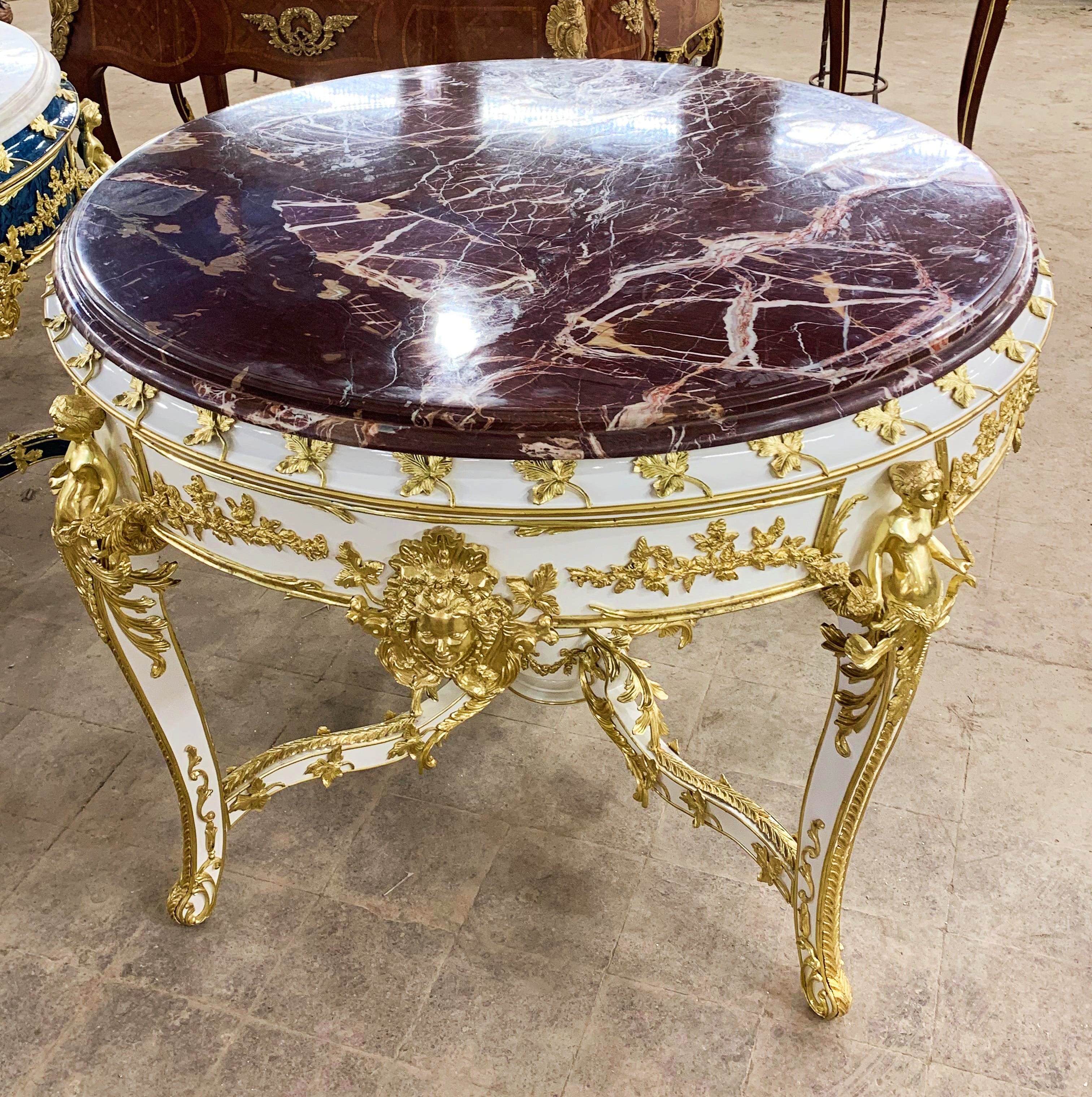 French Victorian Marble Top White Center Table – Ornate Gold Finish