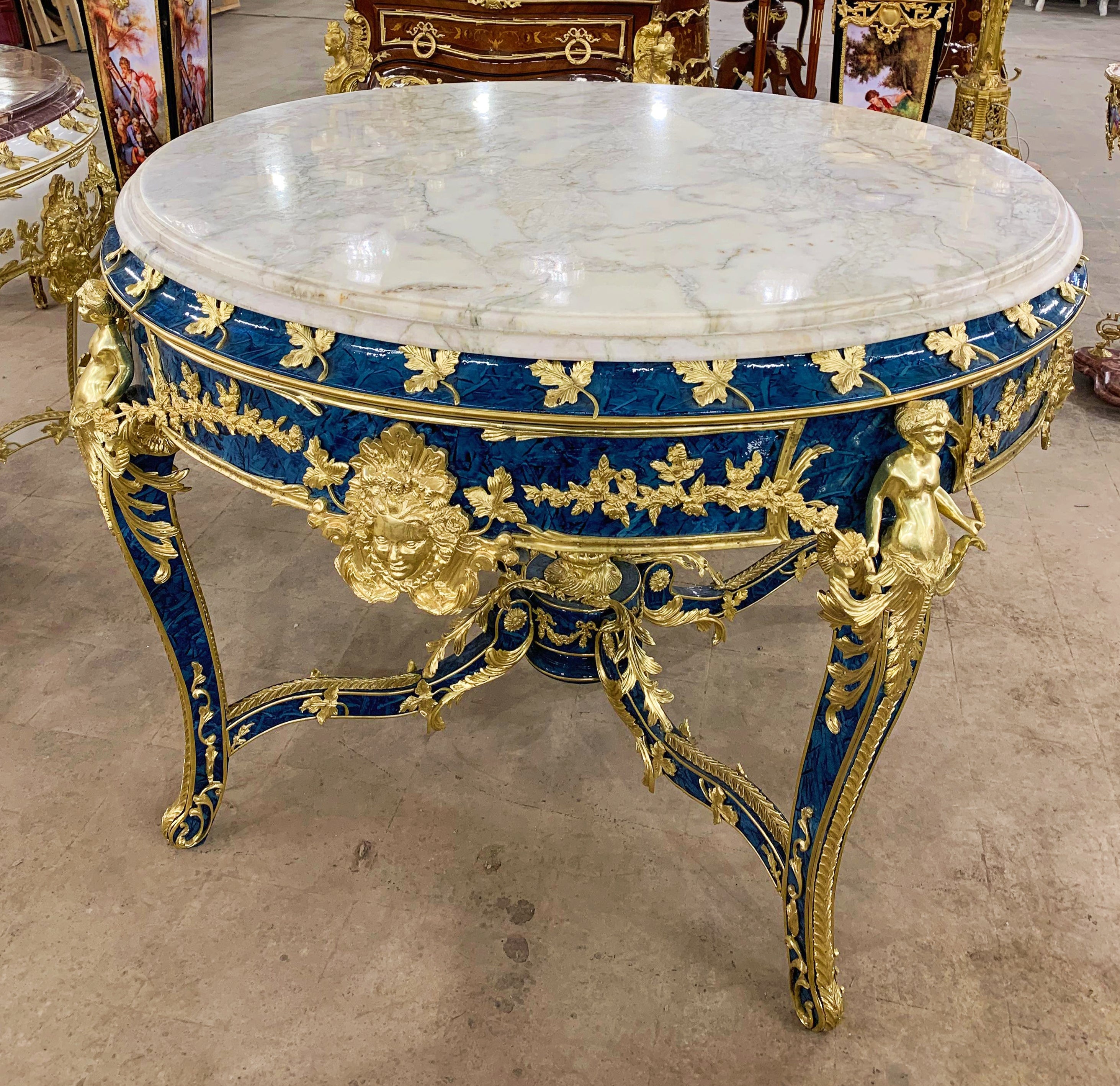 French Victorian Marble Top Dark Blue Center Table – Ornate Gold Finish