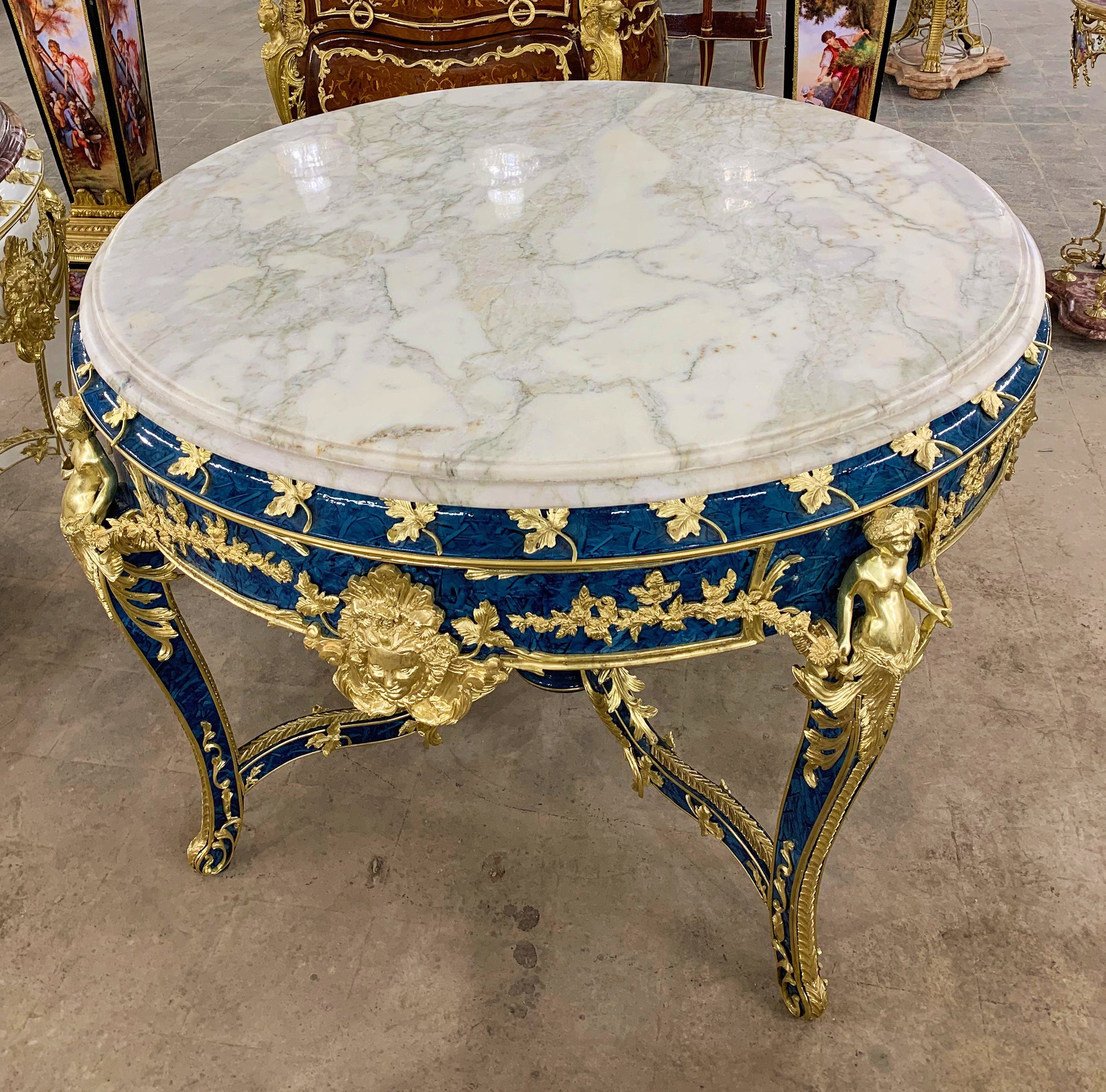 French Victorian Marble Top Dark Blue Center Table – Ornate Gold Finish