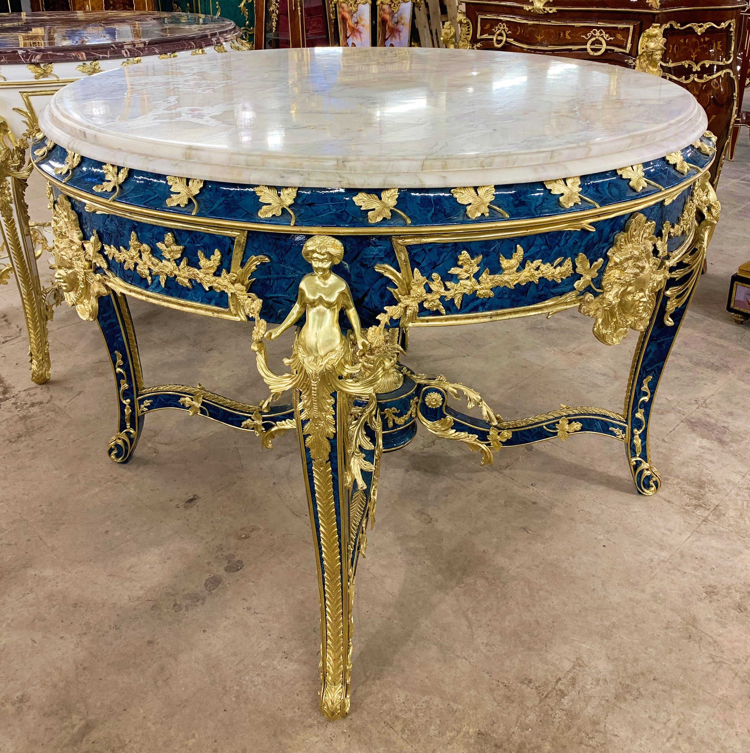 French Victorian Marble Top Dark Blue Center Table – Ornate Gold Finish