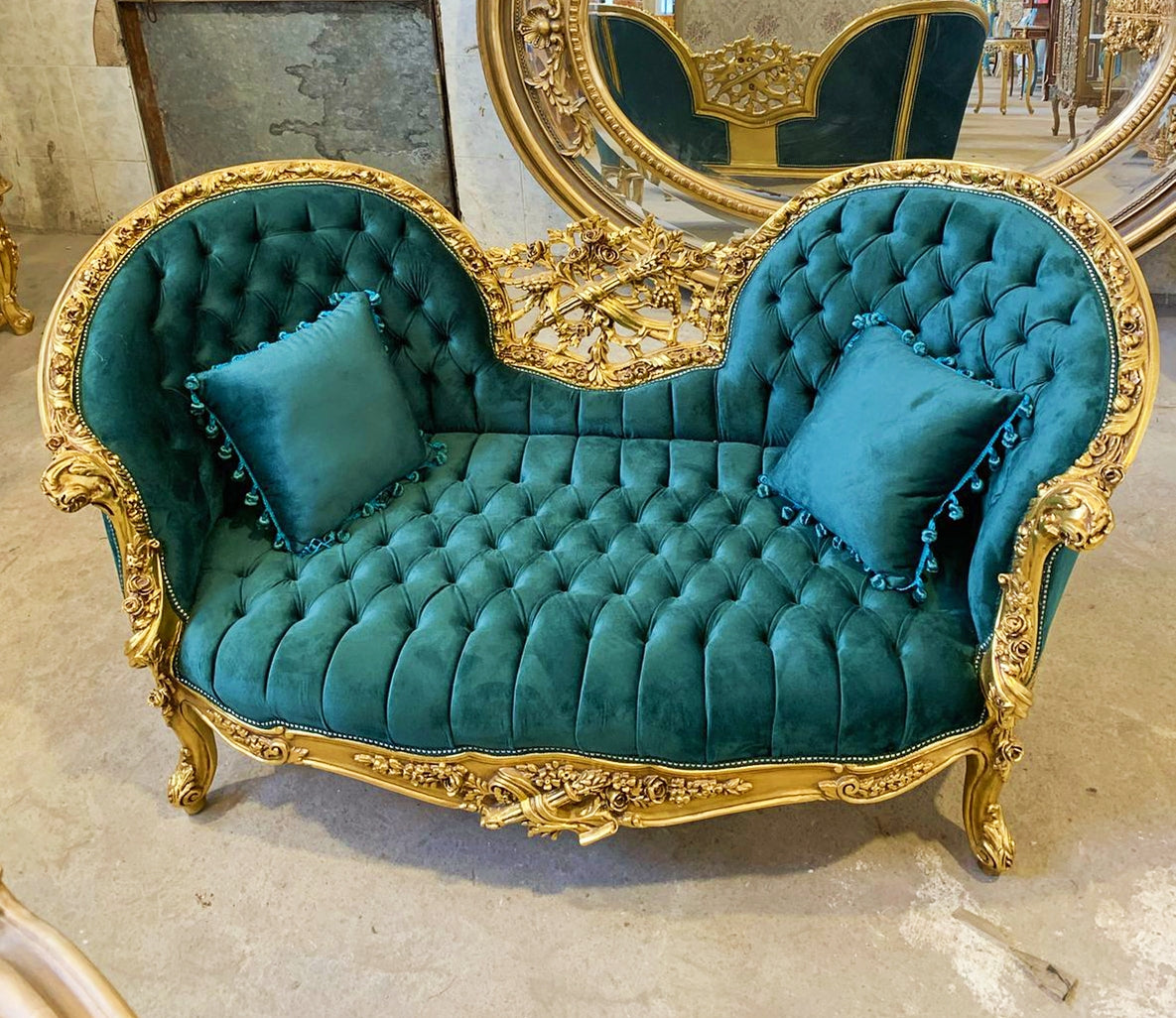 Green Velvet French Settee – Gold Trim Bench, Glam Home Furniture