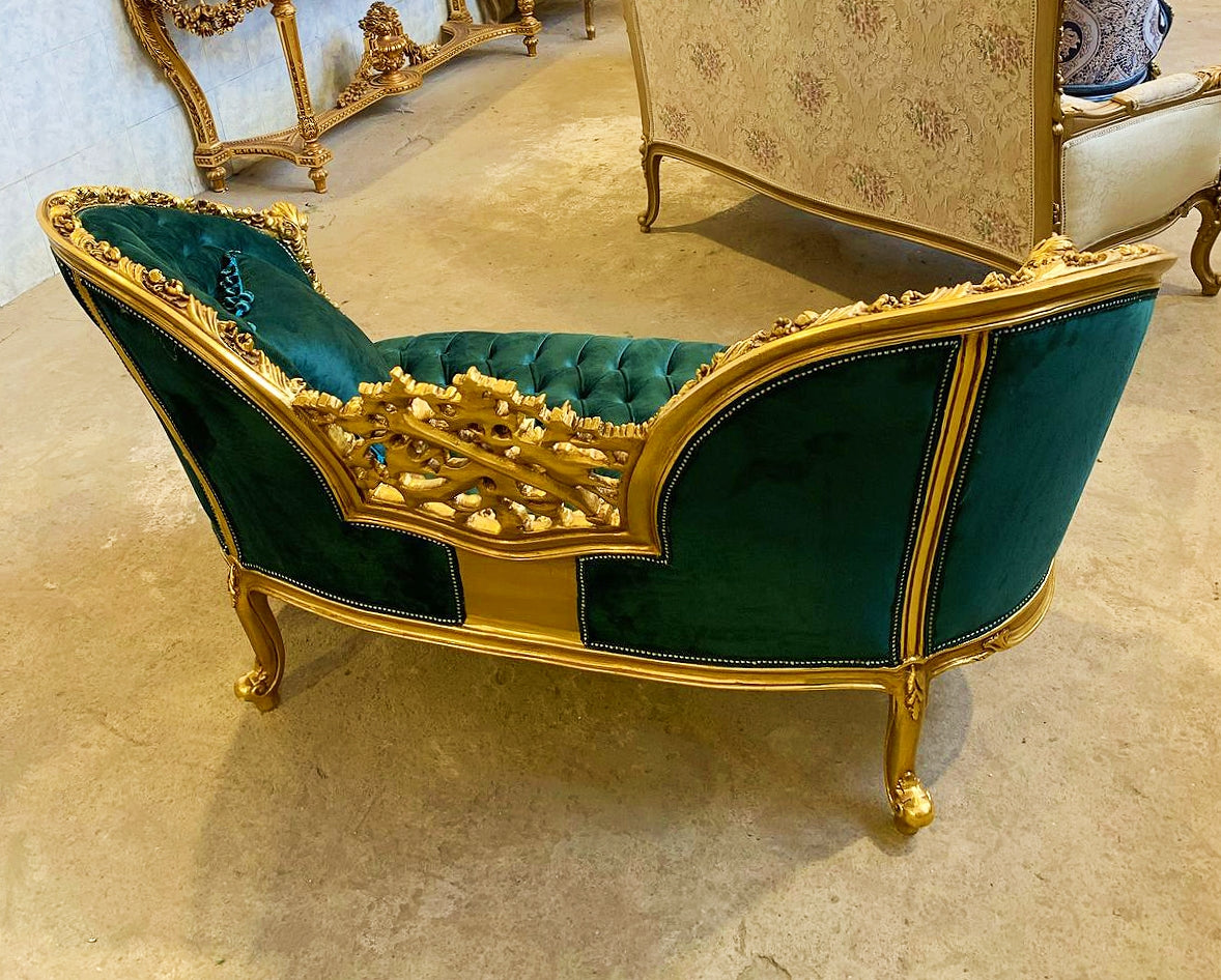 Green Velvet French Settee – Gold Trim Bench, Glam Home Furniture
