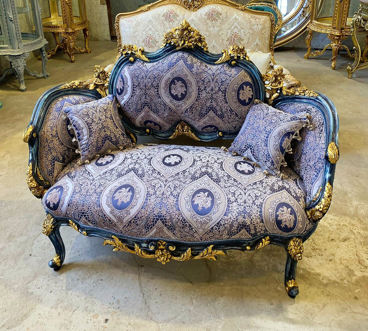 French Style Gold Leaf Sofa – Dark Blue Damask, Perfect for Weddings