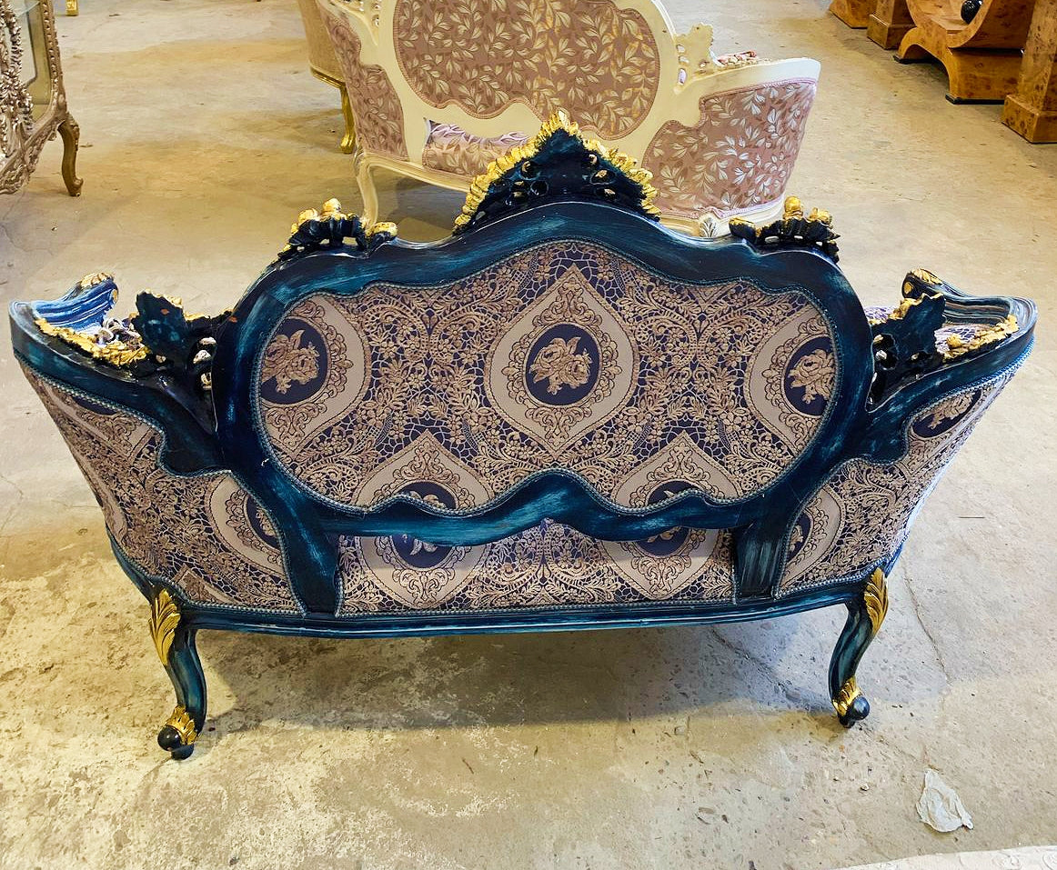 French Style Gold Leaf Sofa – Dark Blue Damask, Perfect for Weddings