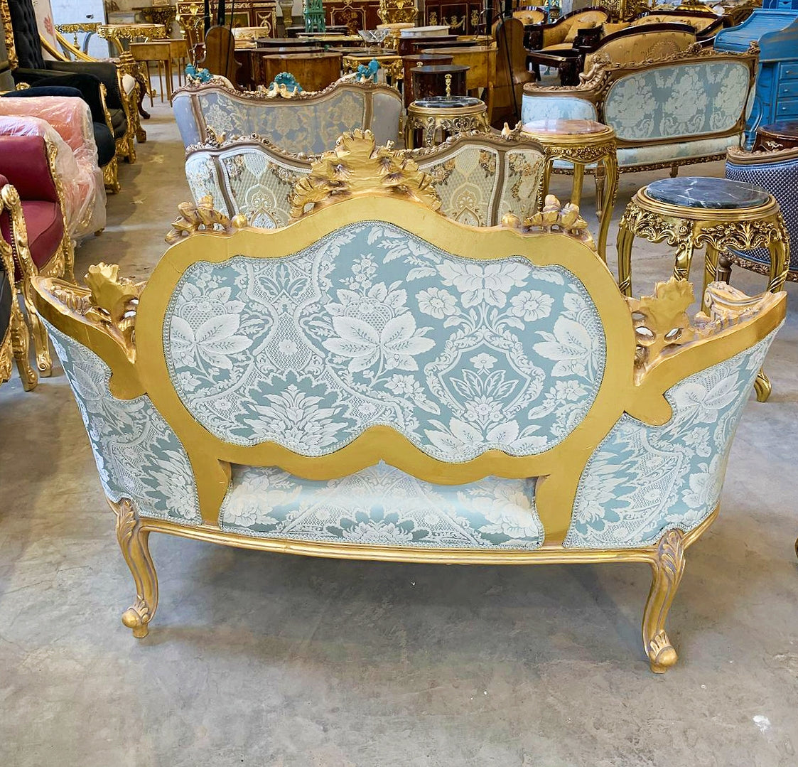 French Style Sky Blue Damask Sofa Wedding Sofa Gold Leaf Details