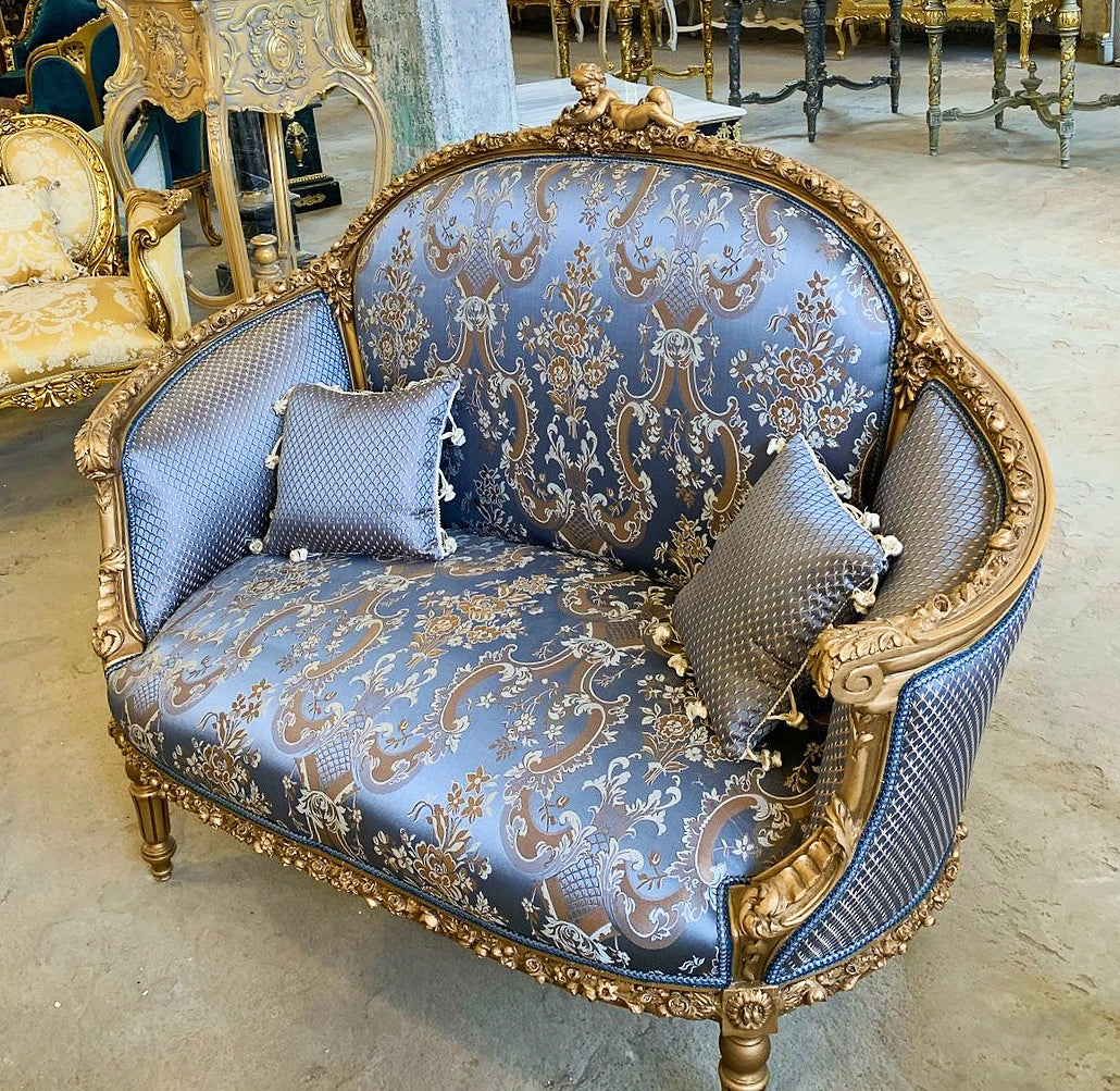 Baroque Style Light Blue Sofa Vintage Interior Design Gold Leaf Details French