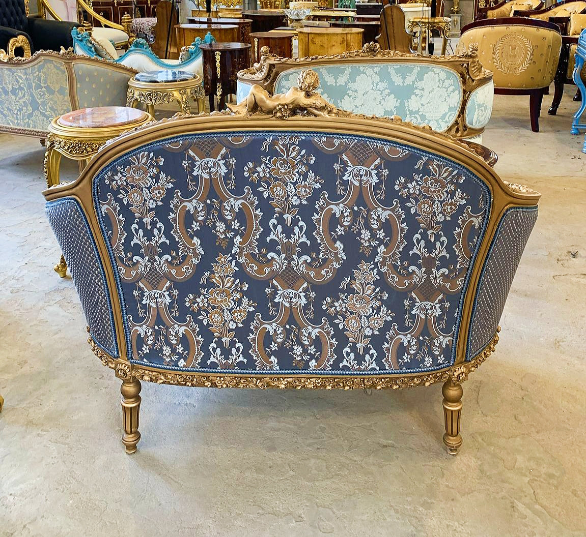 Baroque Style Light Blue Sofa Vintage Interior Design Gold Leaf Details French