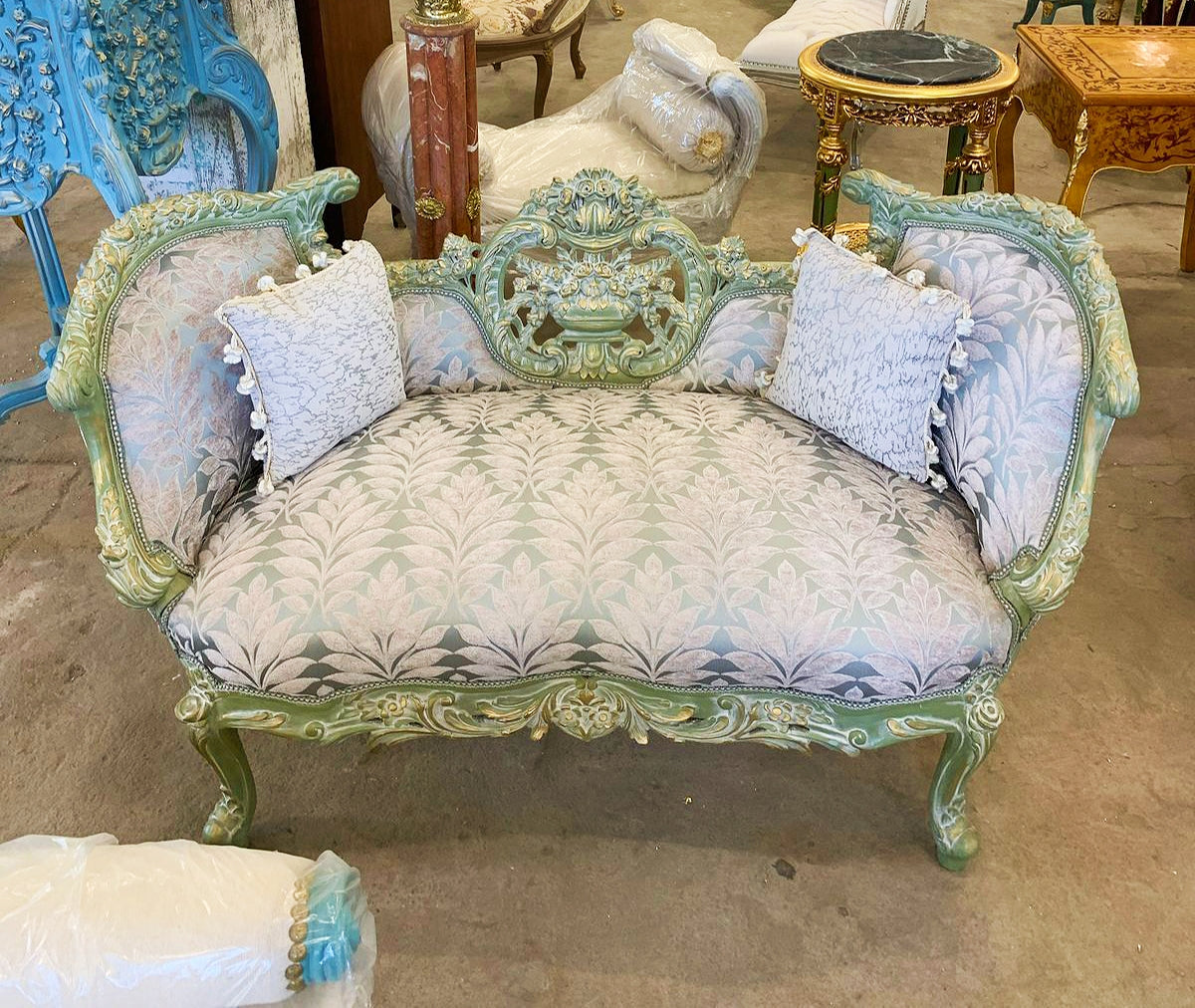 French Style Sky Blue Small Settee Gold Details Bench Furniture Home