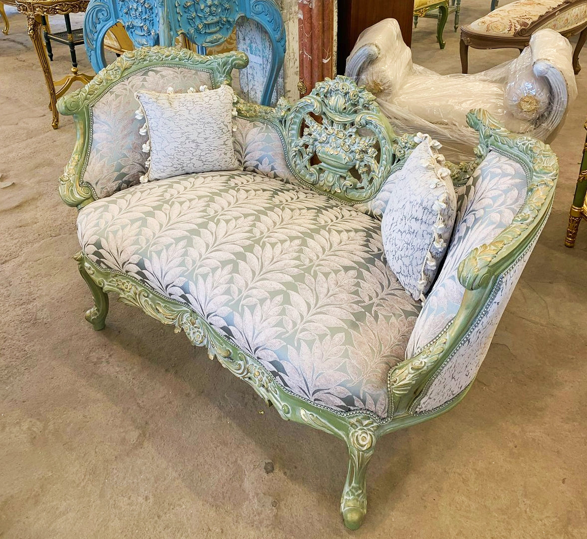 French Style Sky Blue Small Settee Gold Details Bench Furniture Home