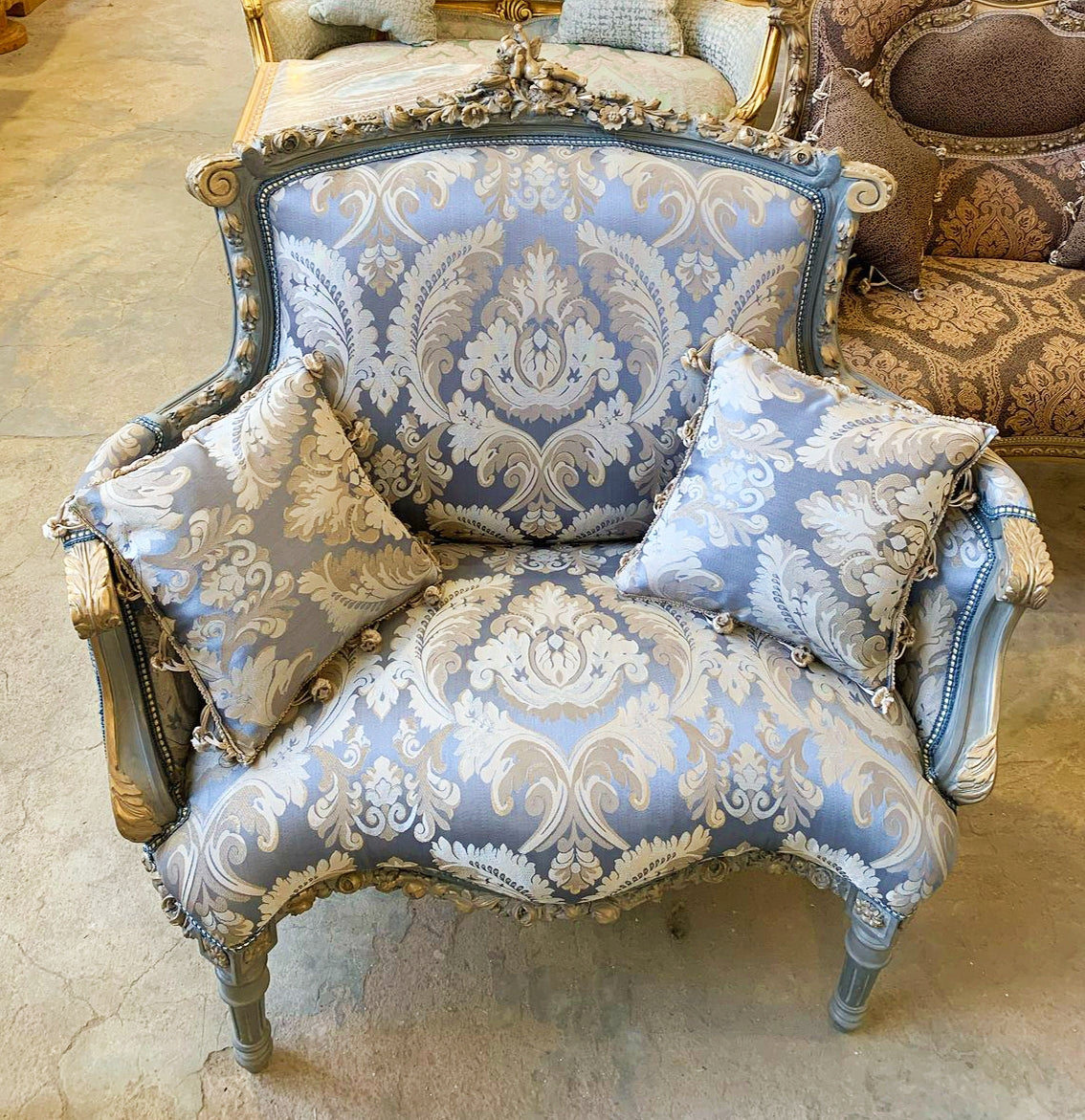 Italian Inspired Blue Wing Chair – Gold Leaf Detailing & Damask Fabric