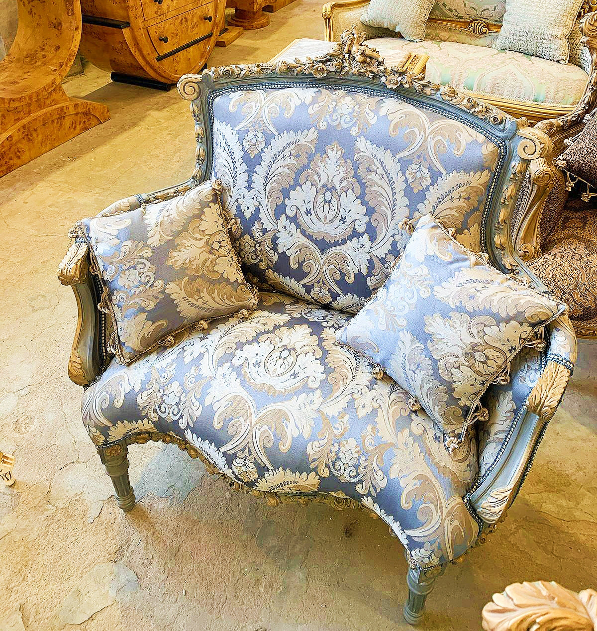 Italian Inspired Blue Wing Chair – Gold Leaf Detailing & Damask Fabric