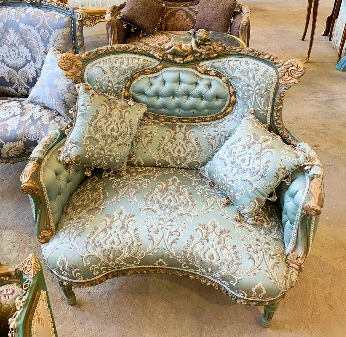 Baroque Style Vintage Sky Blue Damask Chair with Gold Details Armchair