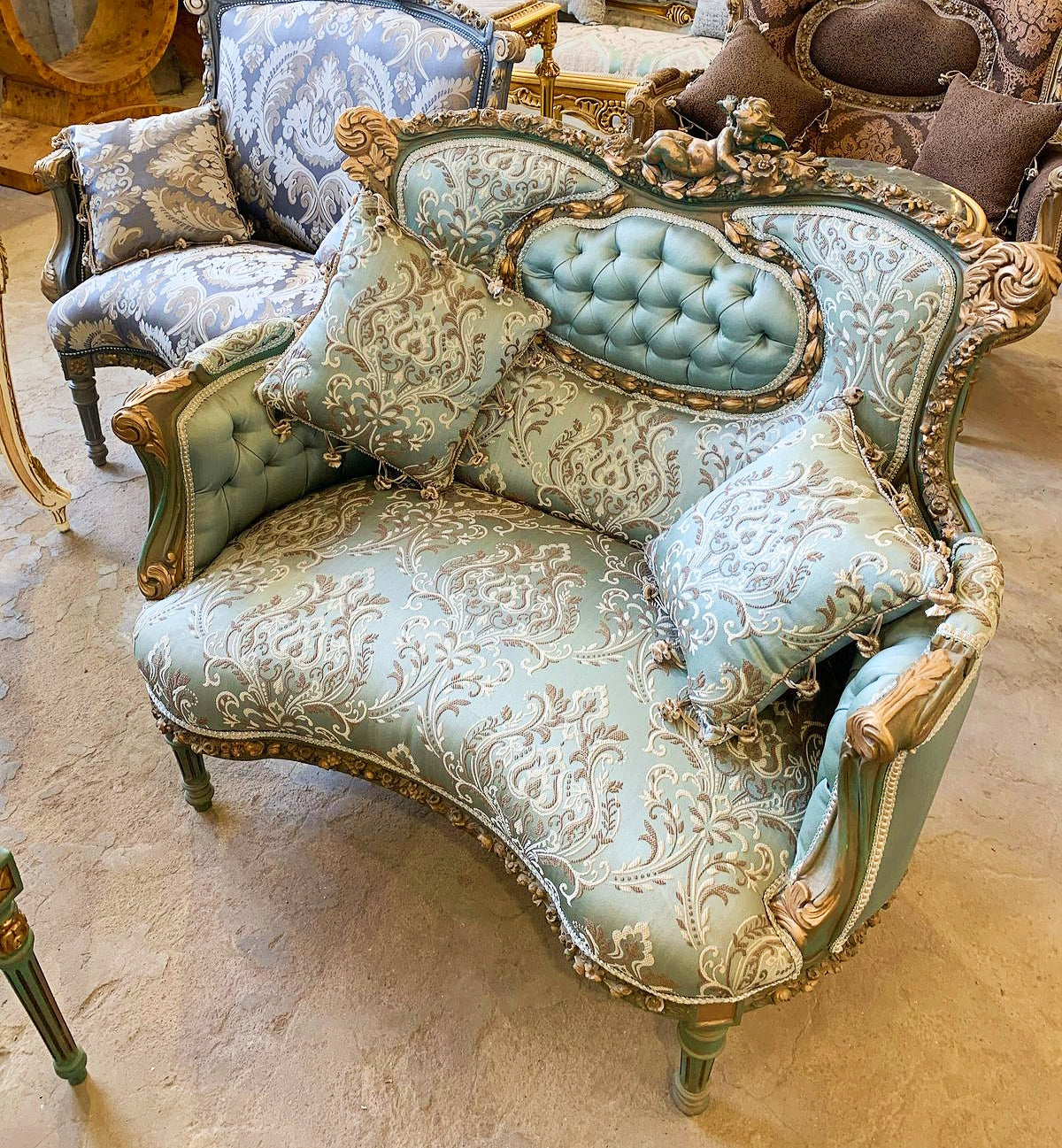 Baroque Style Vintage Sky Blue Damask Chair with Gold Details Armchair
