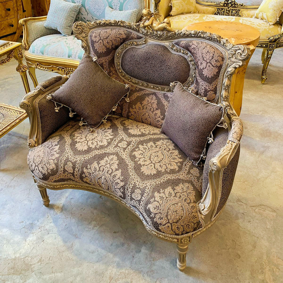 Baroque Style Vintage Brown Damask Chair with Gold Details Armchair