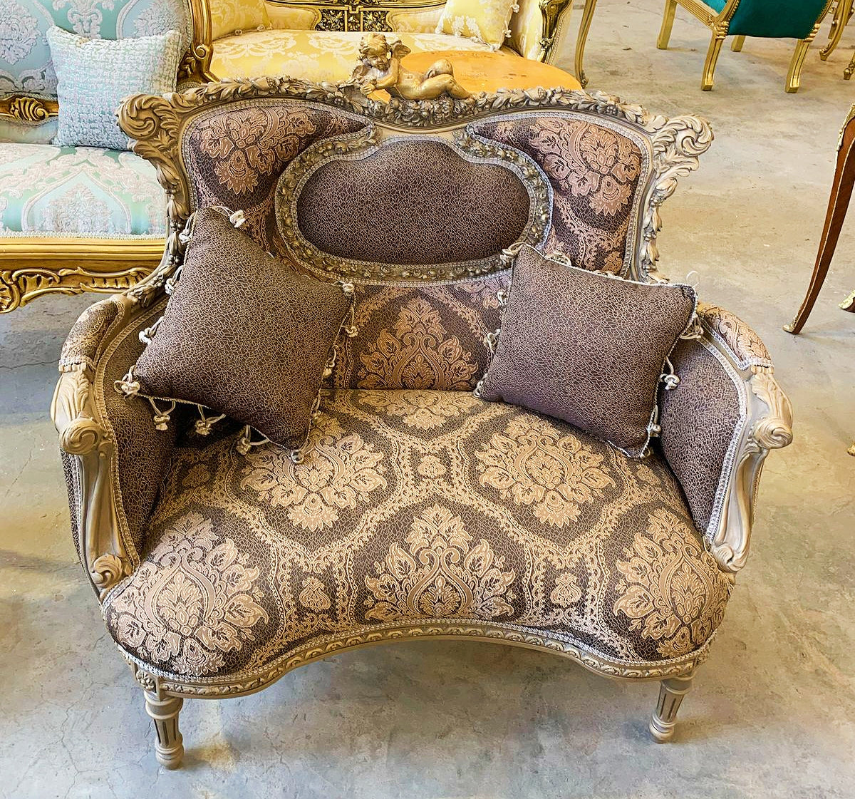 Baroque Style Vintage Brown Damask Chair with Gold Details Armchair