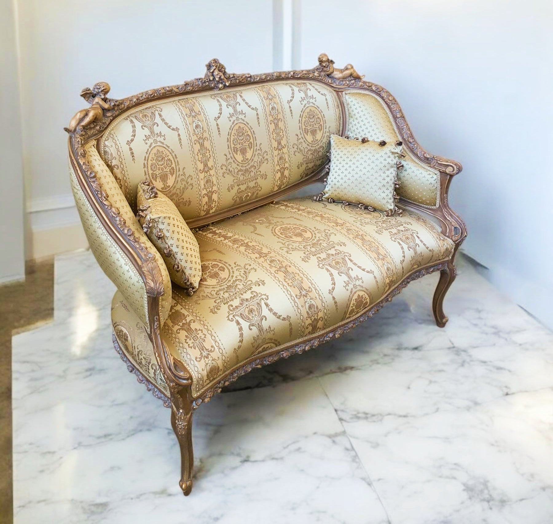 French Style Gold Damask Fabric Sofa Interior Design Gold Leaf
