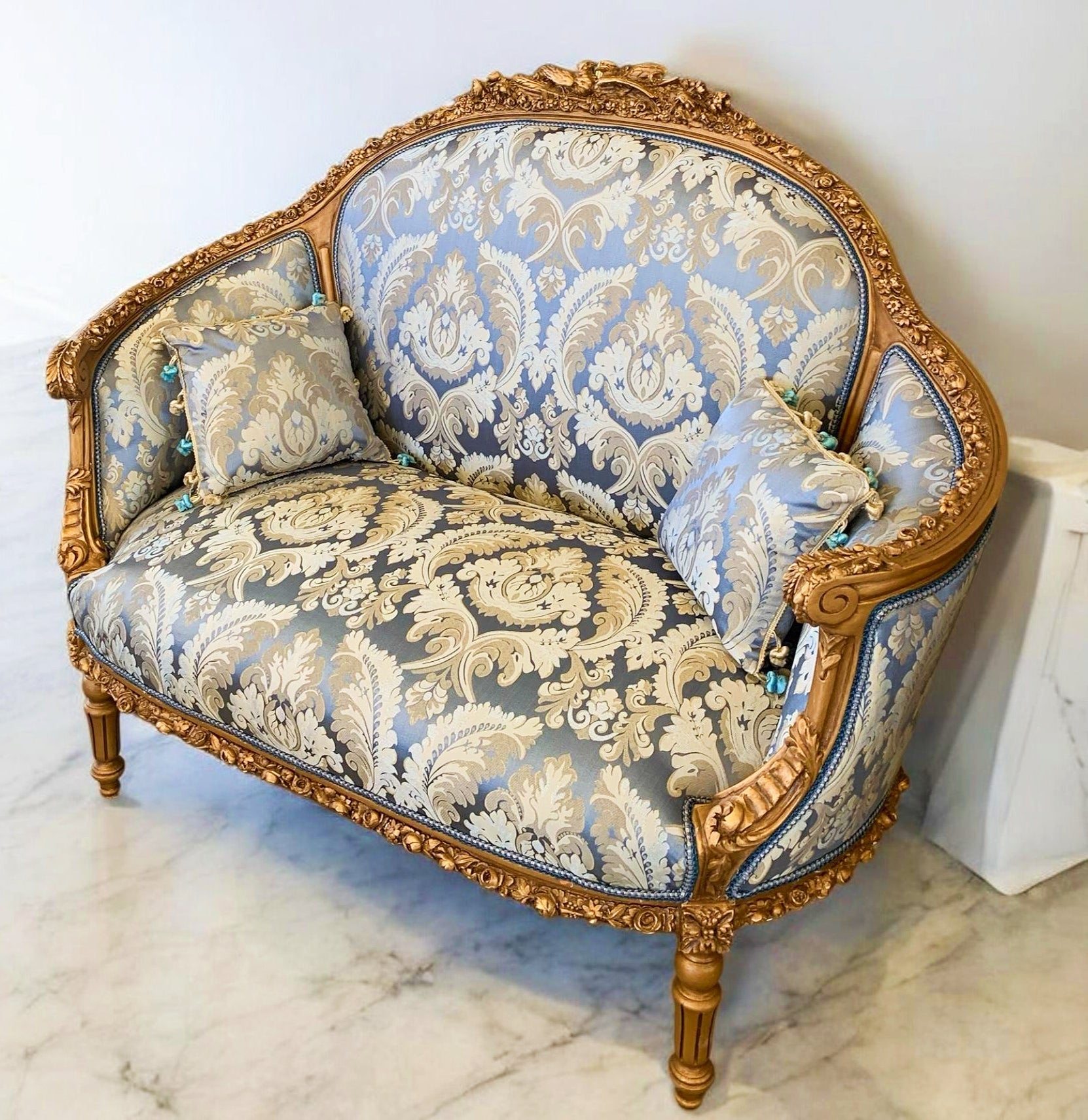 Blue Baroque Sofa – French Inspired Interior Design, Gold Leaf Details