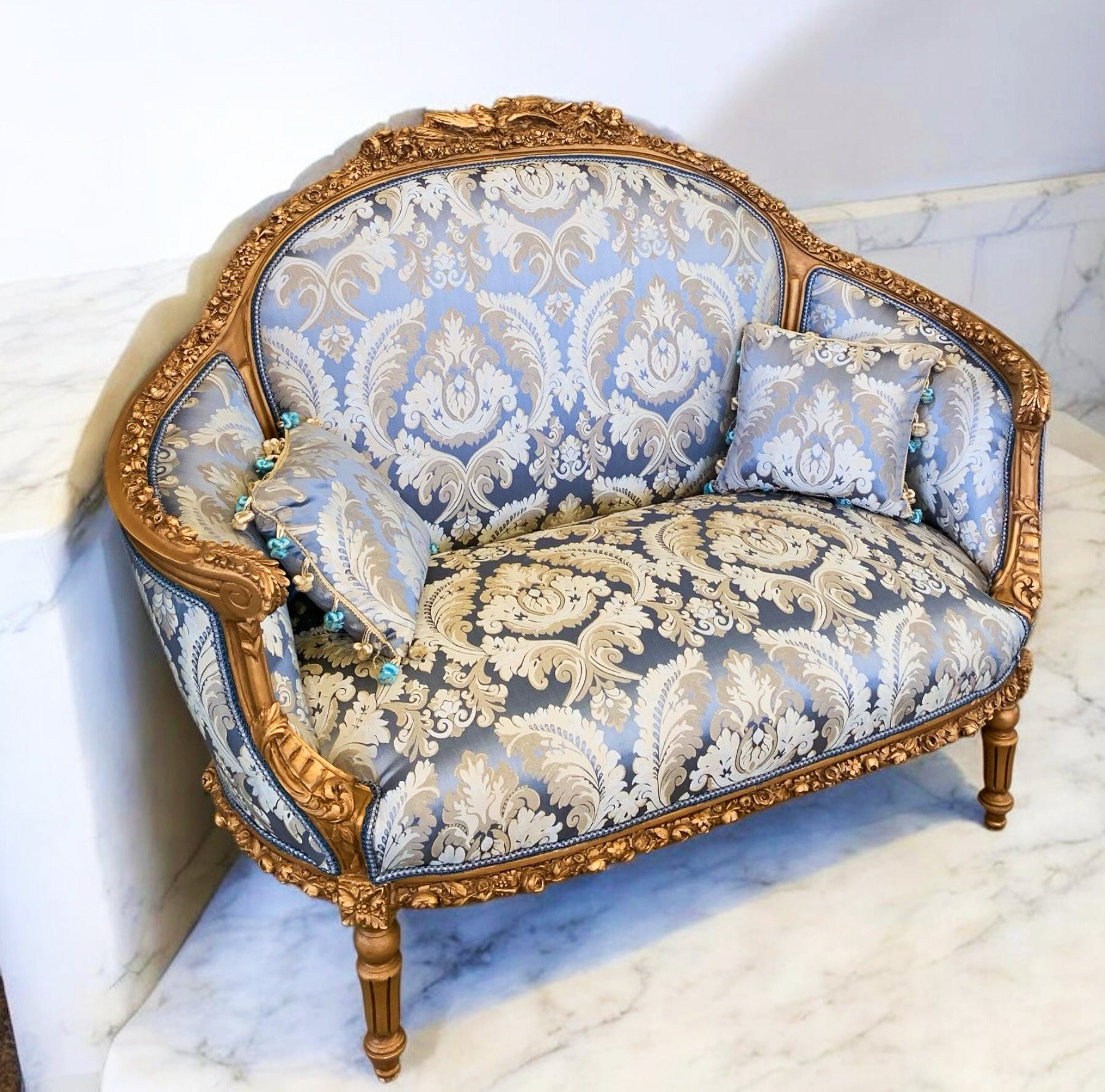 Blue Baroque Sofa – French Inspired Interior Design, Gold Leaf Details