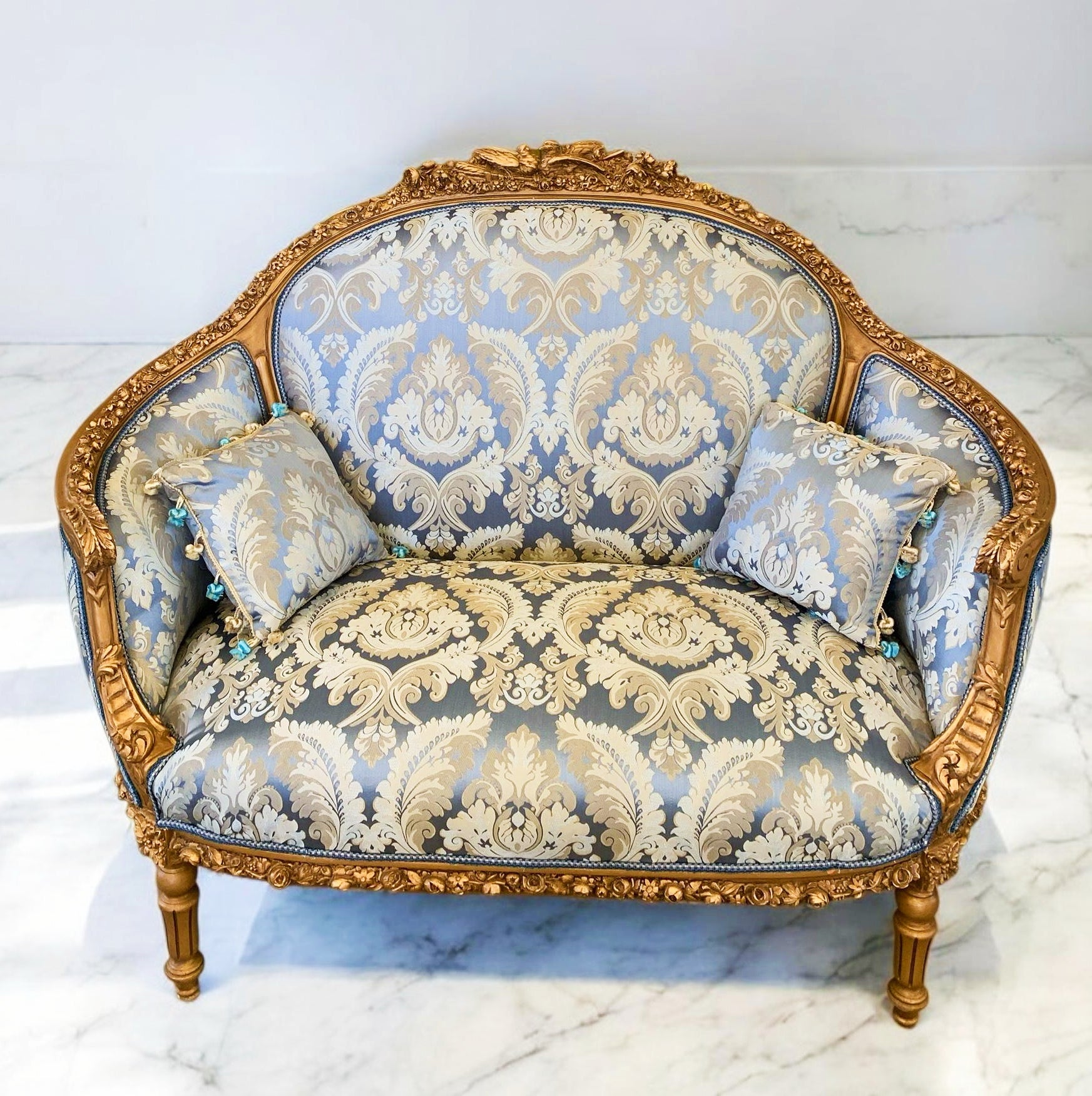 Blue Baroque Sofa – French Inspired Interior Design, Gold Leaf Details