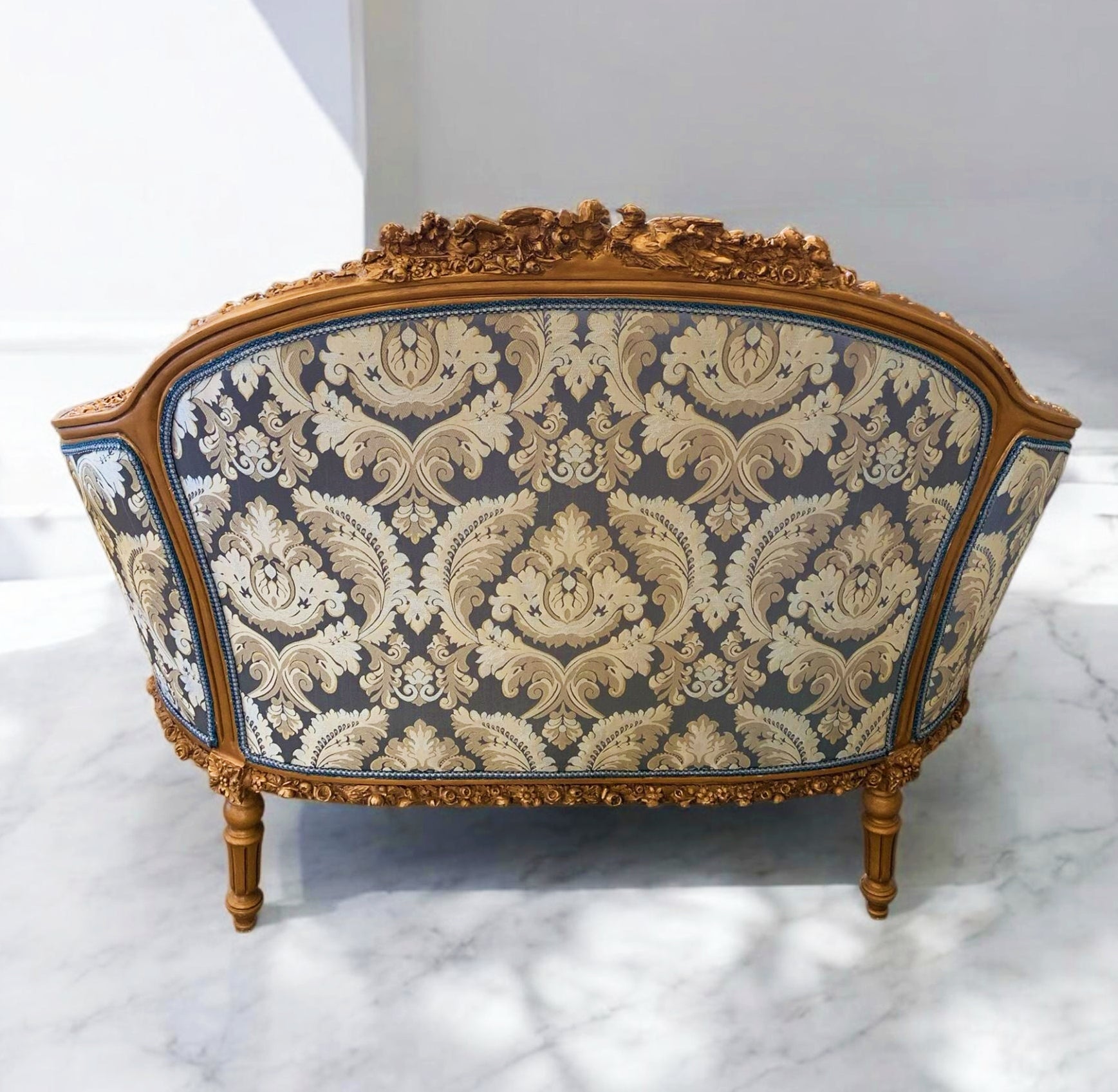 Blue Baroque Sofa – French Inspired Interior Design, Gold Leaf Details