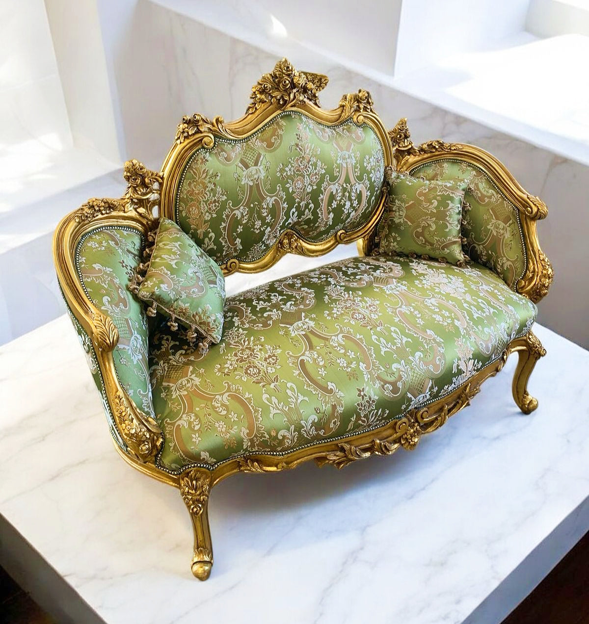 French Style Green Damask Sofa Wedding Sofa Gold Leaf Details