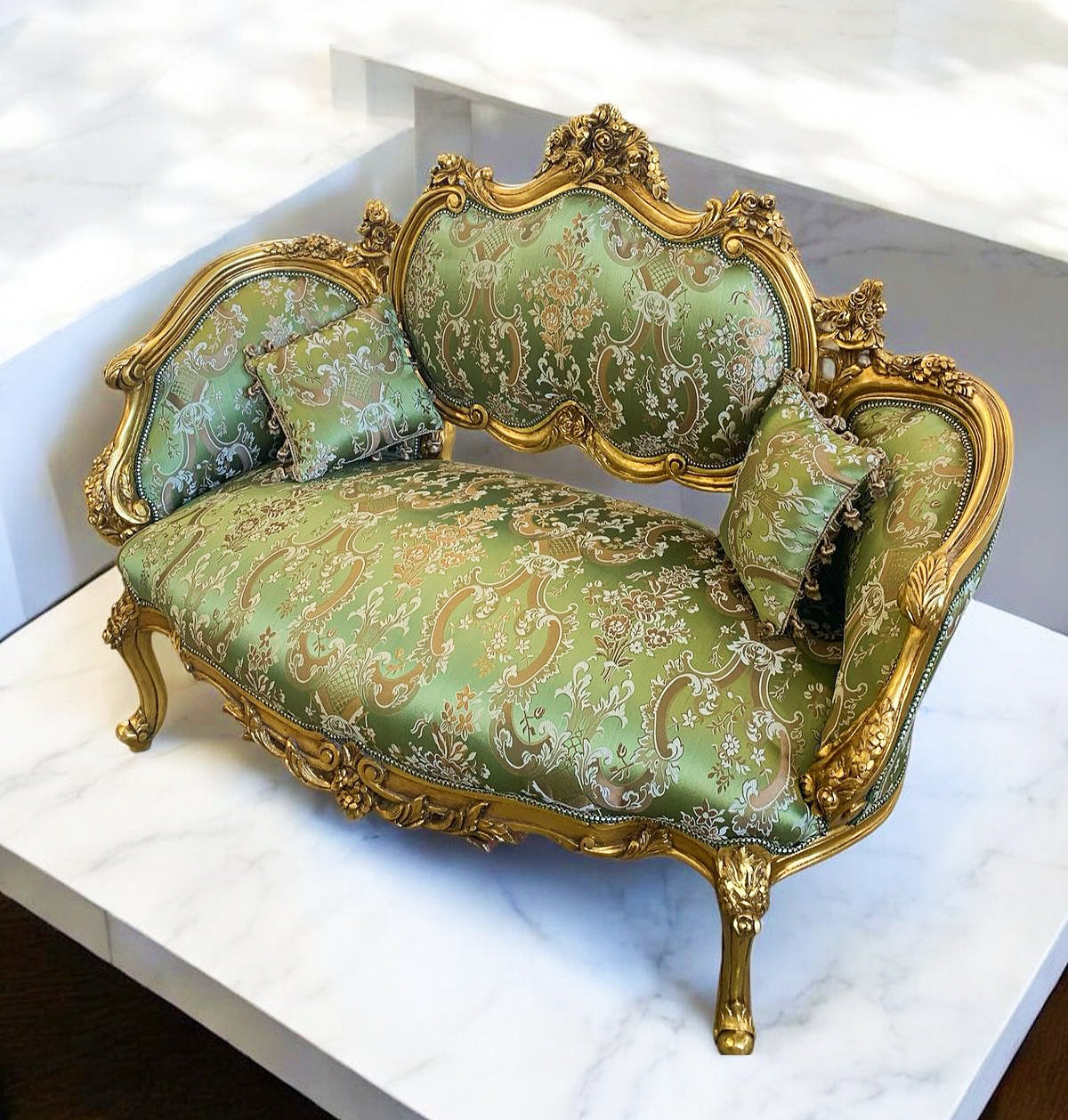 French Style Green Damask Sofa Wedding Sofa Gold Leaf Details