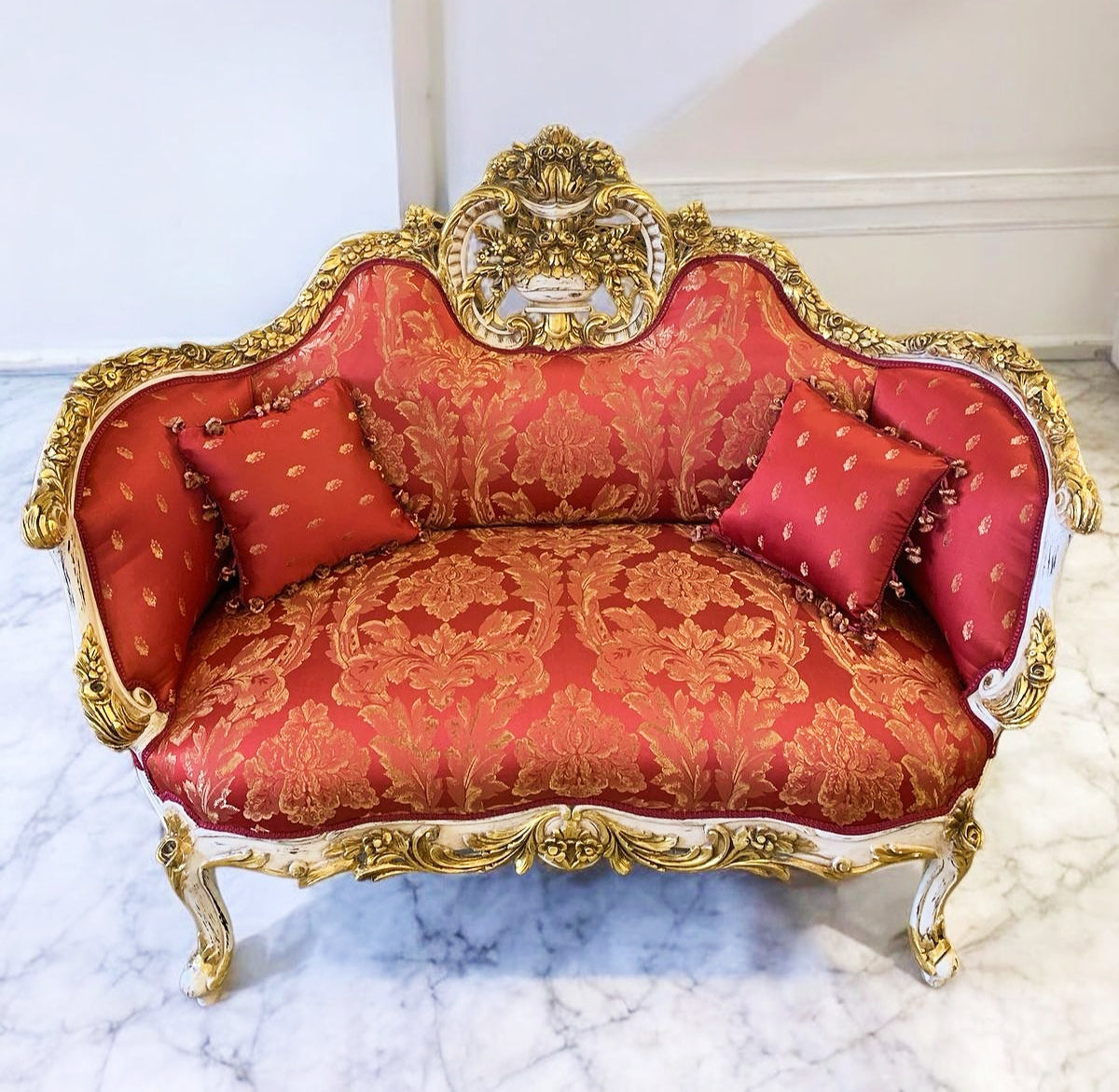 Baroque Rococo Style Red Wine Velvet Settee/Sofa Gold Leaf Details