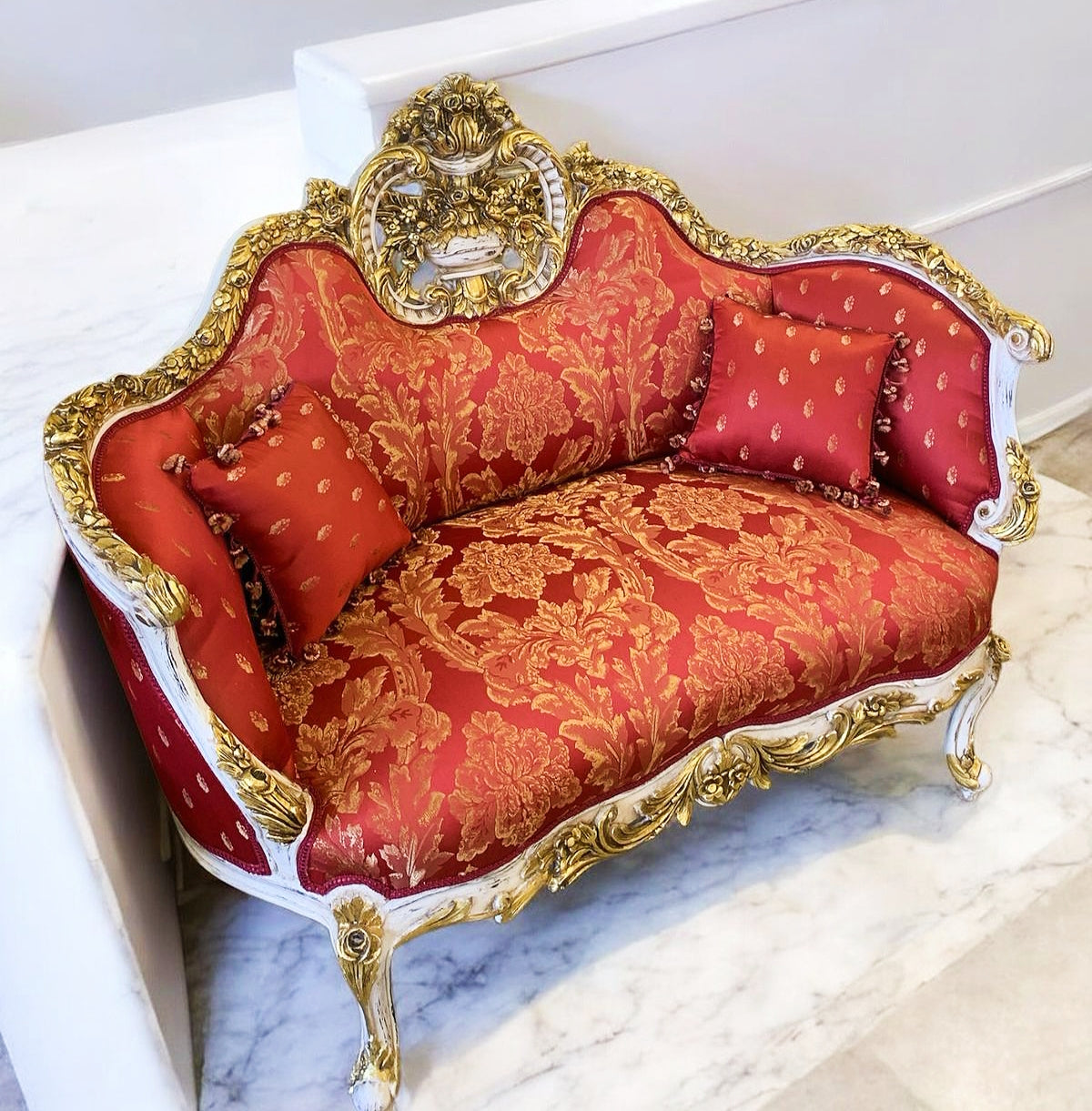 Baroque Rococo Style Red Wine Velvet Settee/Sofa Gold Leaf Details