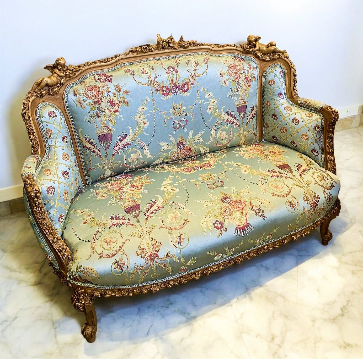 Luxury Italian Sky Blue Sofa – Gold Leaf Accents, French Inspired