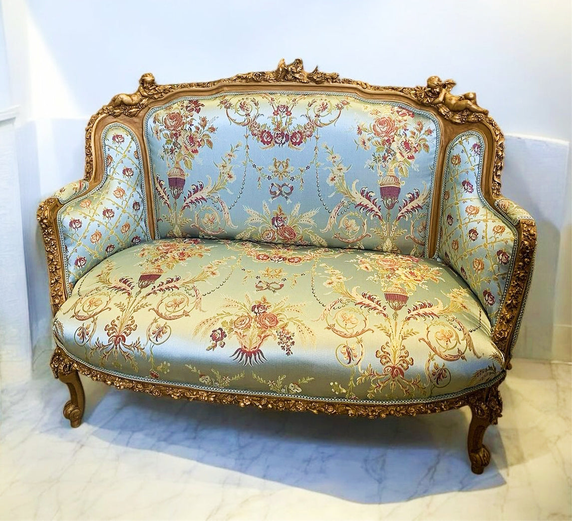 Luxury Italian Sky Blue Sofa – Gold Leaf Accents, French Inspired