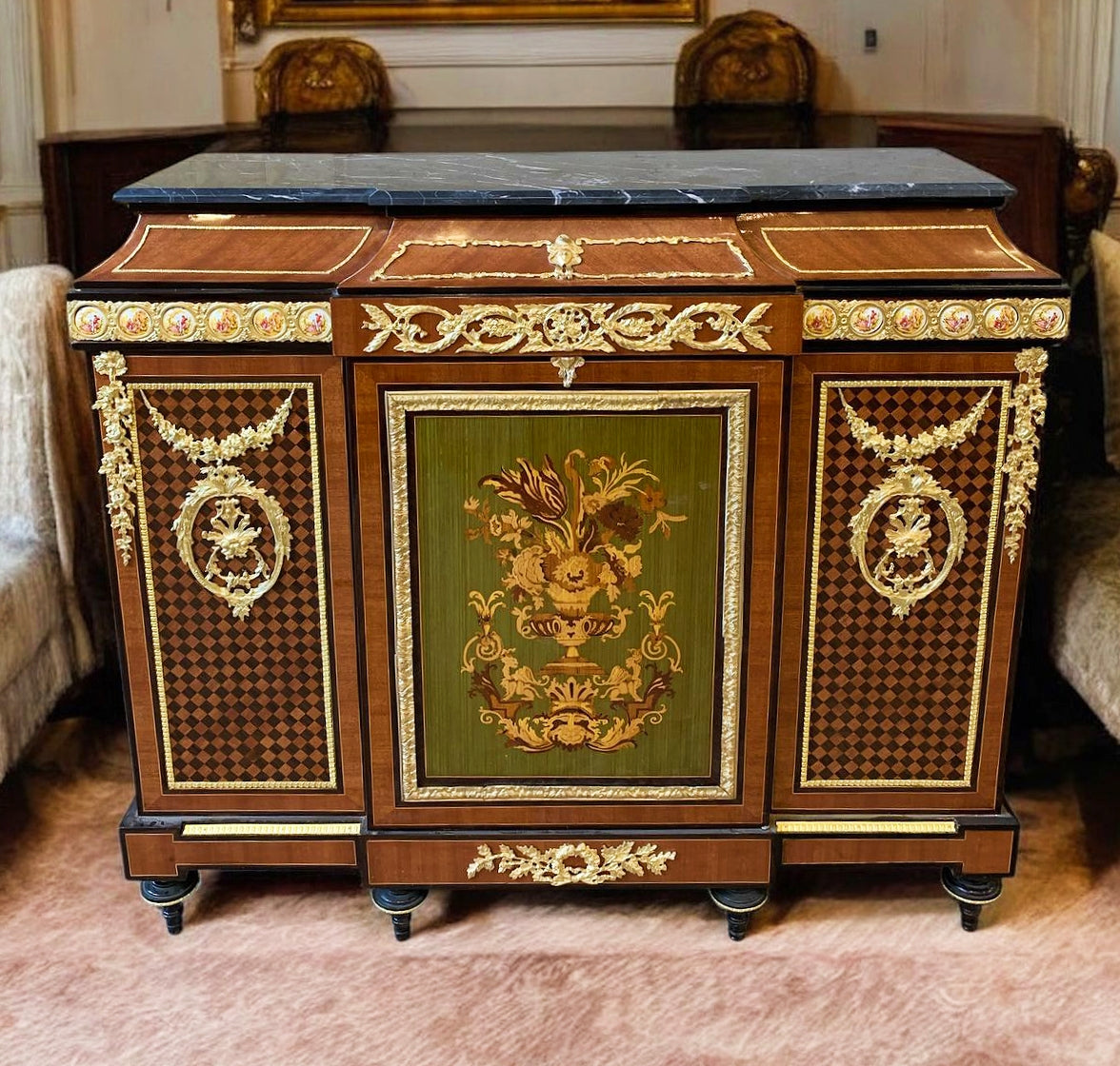 Baroque Style Brown Commode Cabinet Gold Leaf Details Black Marble Topped