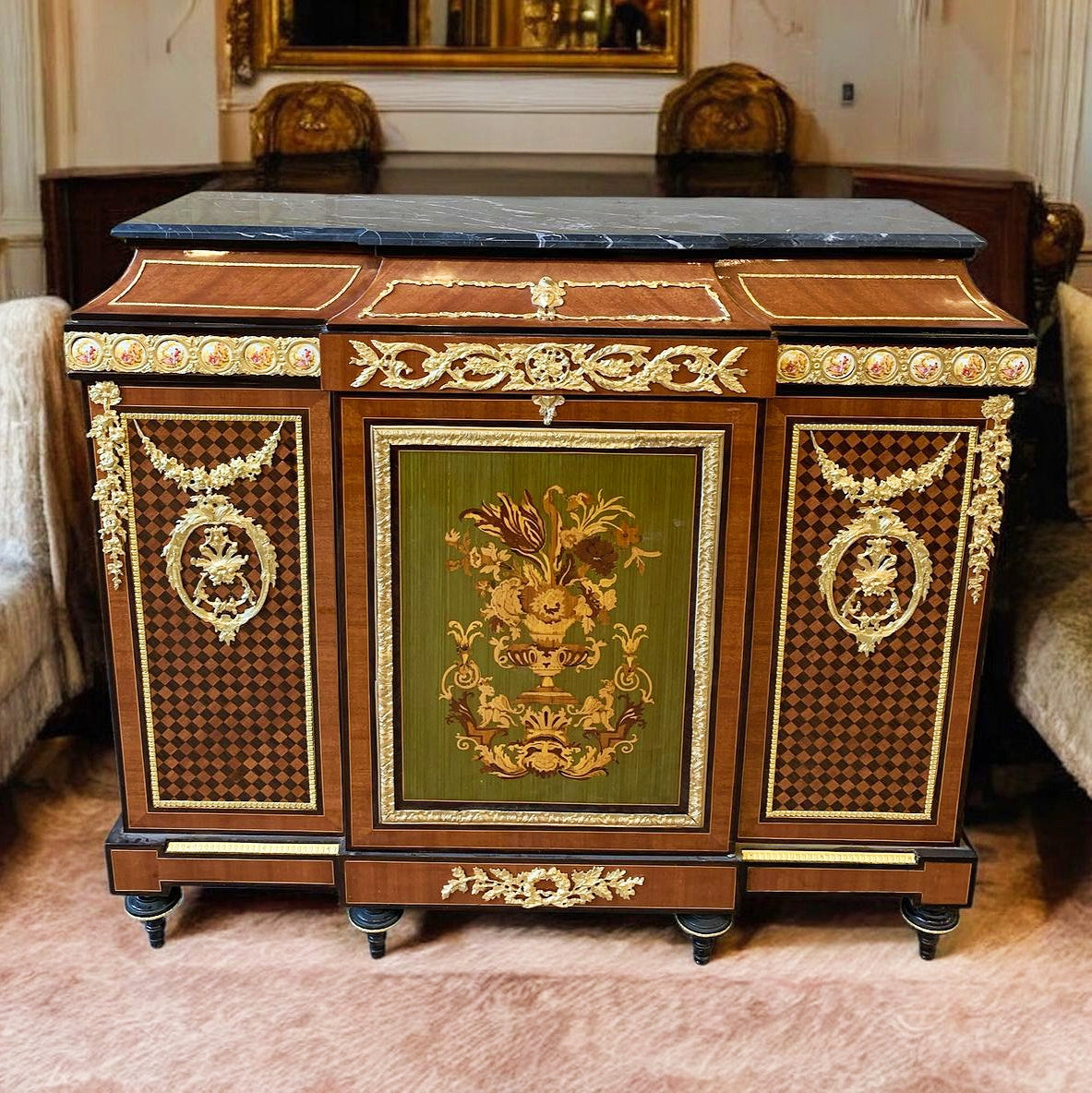 Baroque Style Brown Commode Cabinet Gold Leaf Details Black Marble Topped