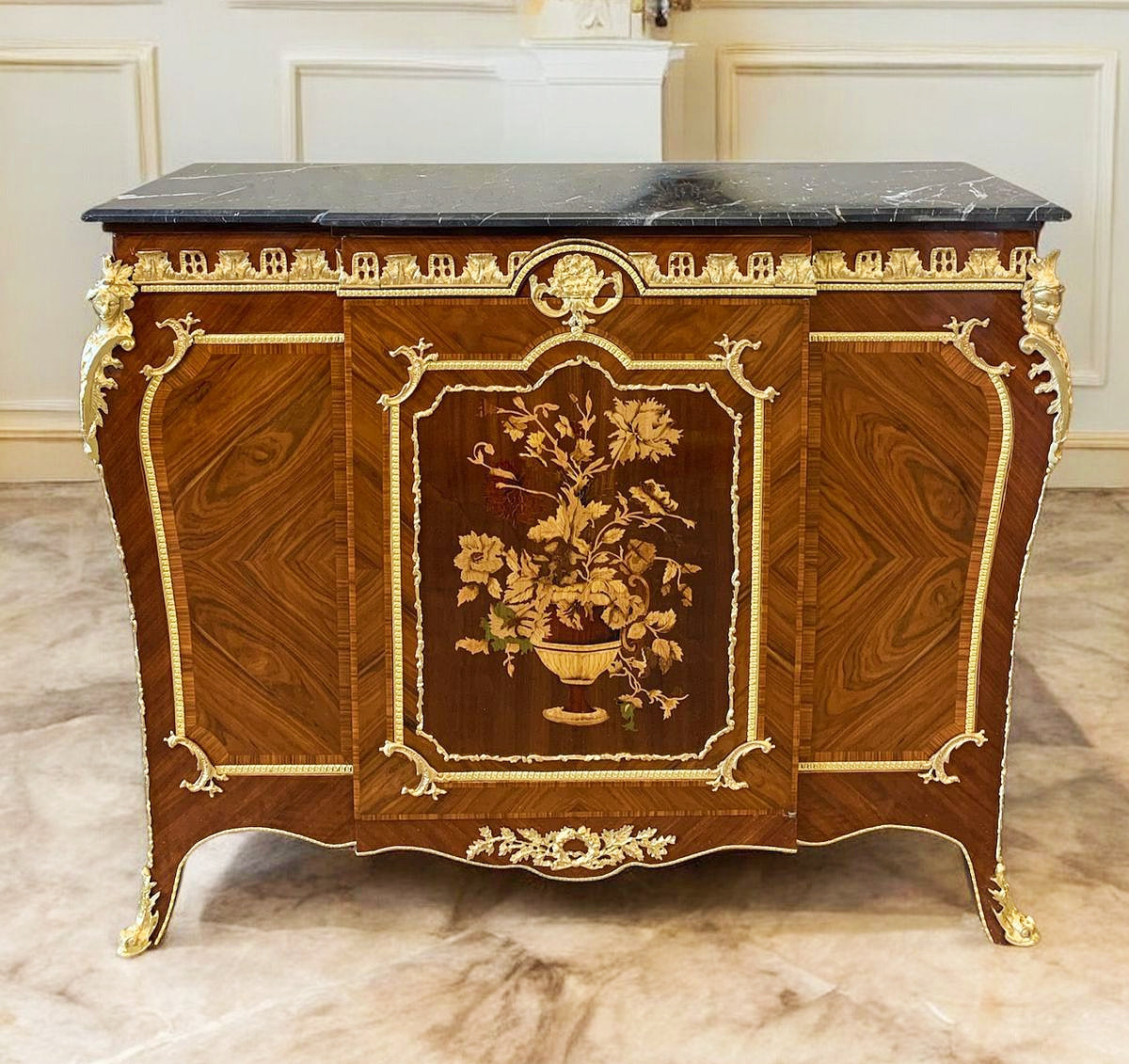 French Louis XVI Style Brown Commode Cabinet Gold Details Marble Topped