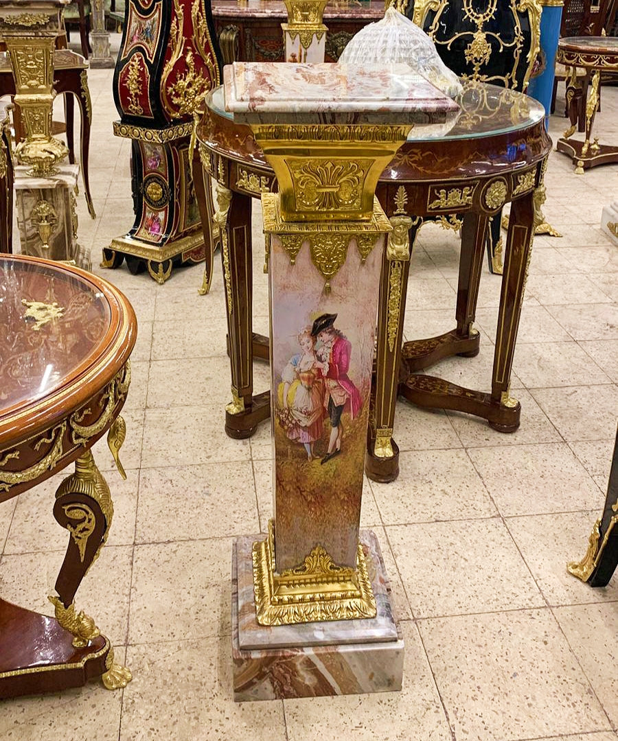 1990s French Style Marble Topped Pedestal Column With Gold Details