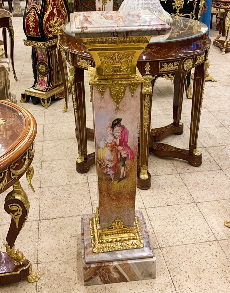 1990s French Style Marble Topped Pedestal Column With Gold Details