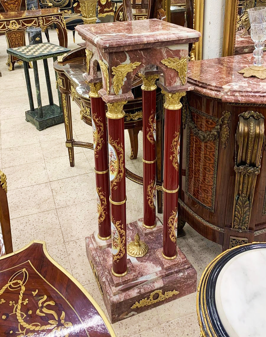 French Louis XVI Marble Topped Wine Red Pedestal Column Gold Leaf Details