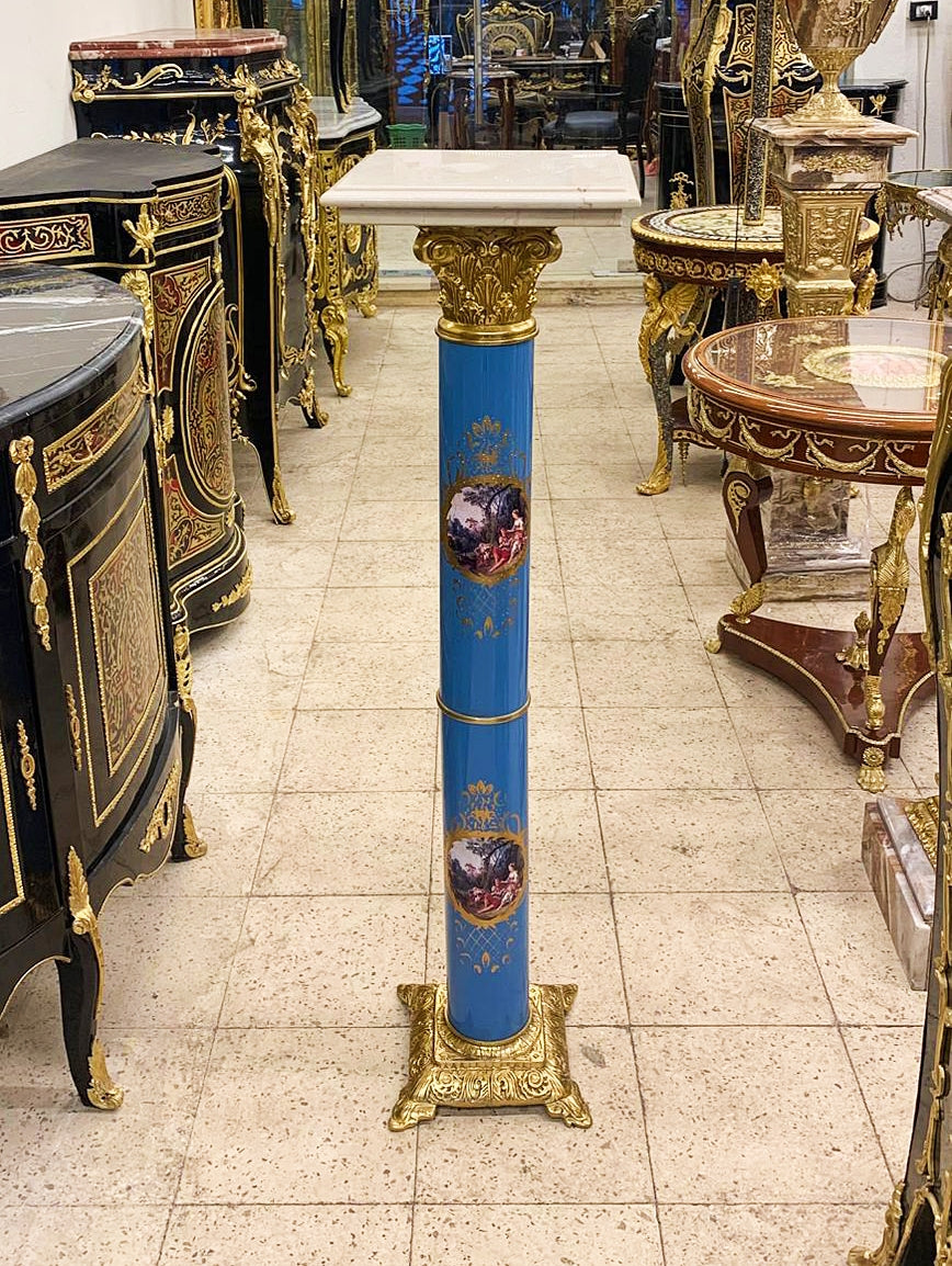 1990s Italian Style Marble Topped Turquoise Pedestal Column With Gold Details