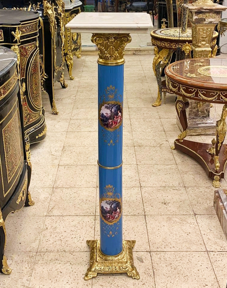 1990s Italian Style Marble Topped Turquoise Pedestal Column With Gold Details