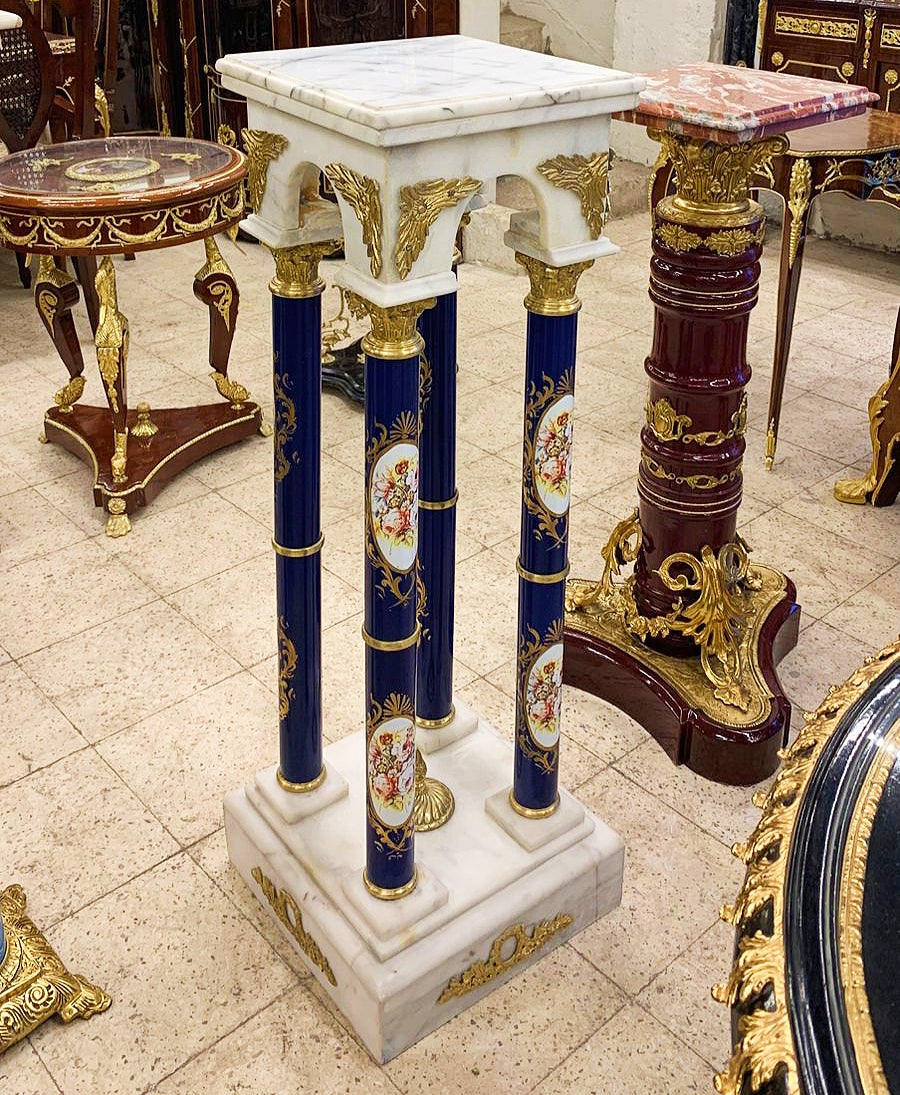 French Louis XVI Off-White Marble Topped Blue Pedestal Column Furniture