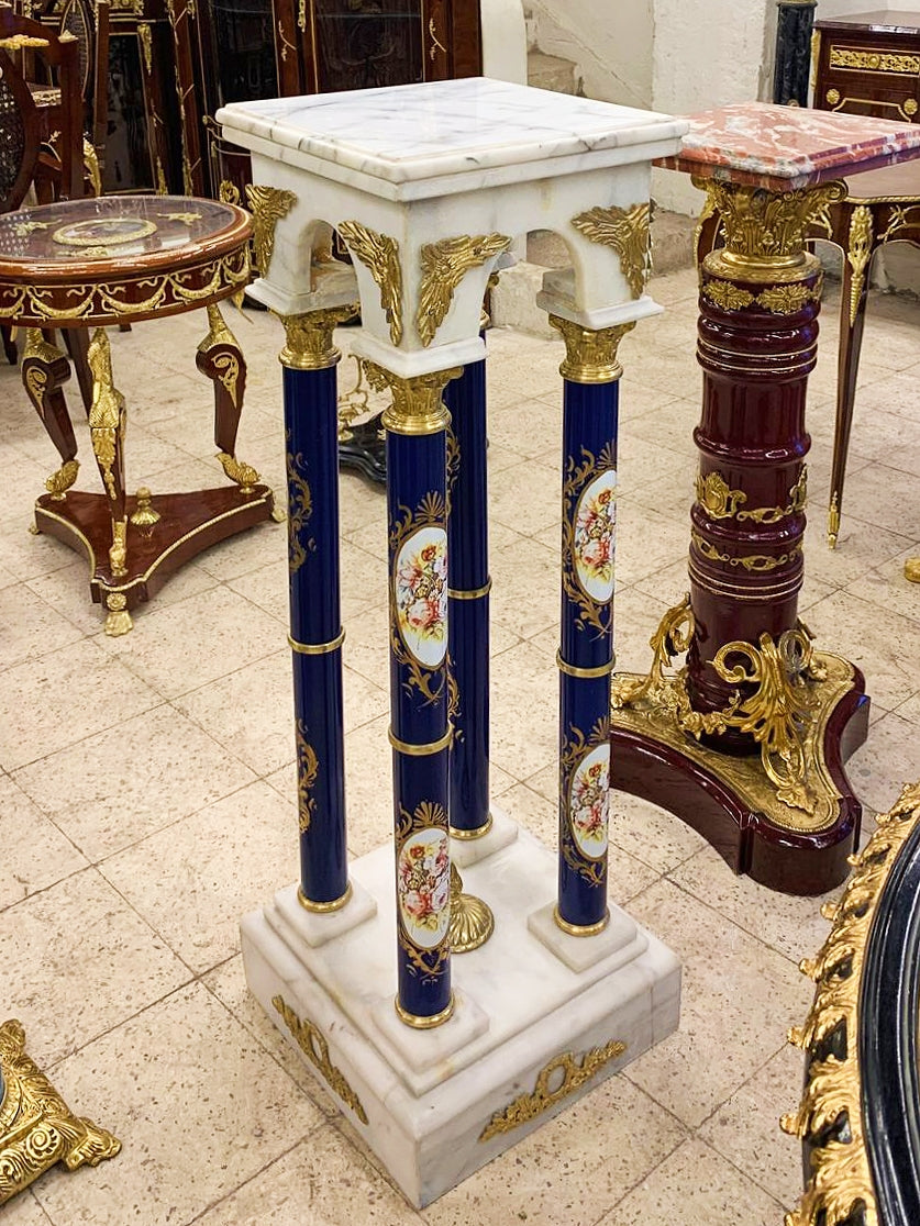 French Louis XVI Off-White Marble Topped Blue Pedestal Column Furniture