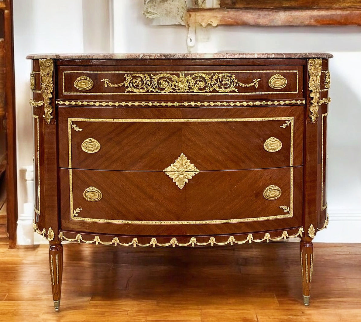 French Louis XV Style Brown Marquetry Commode Chest of Drawers Furniture Gold